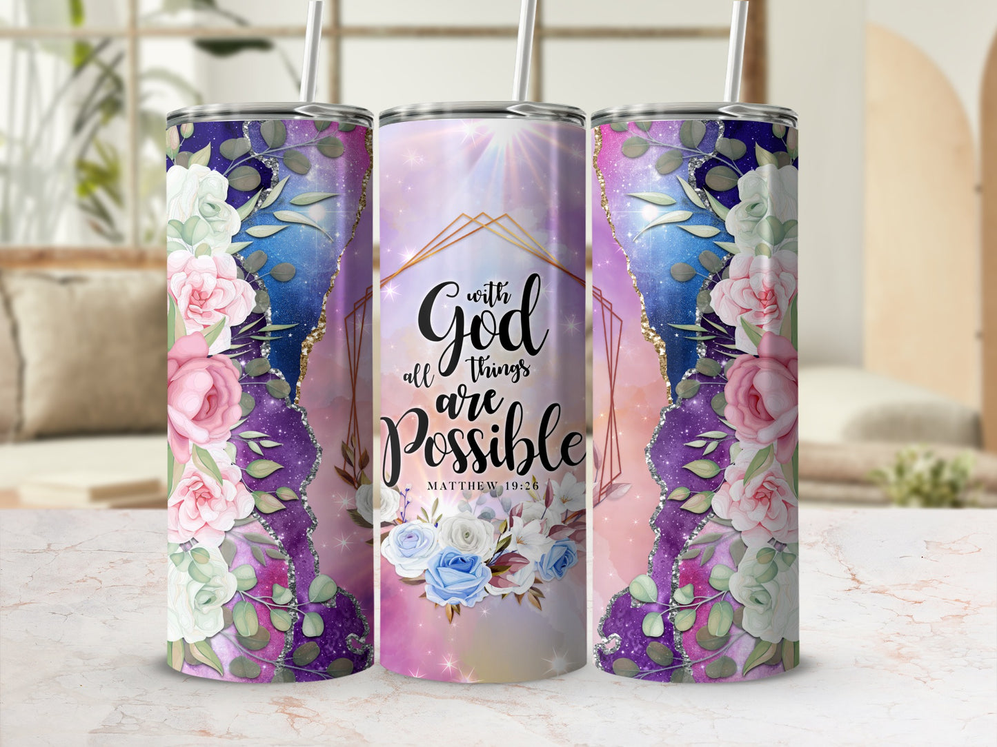 Floral tumbler with "with God all things are possible" text.
