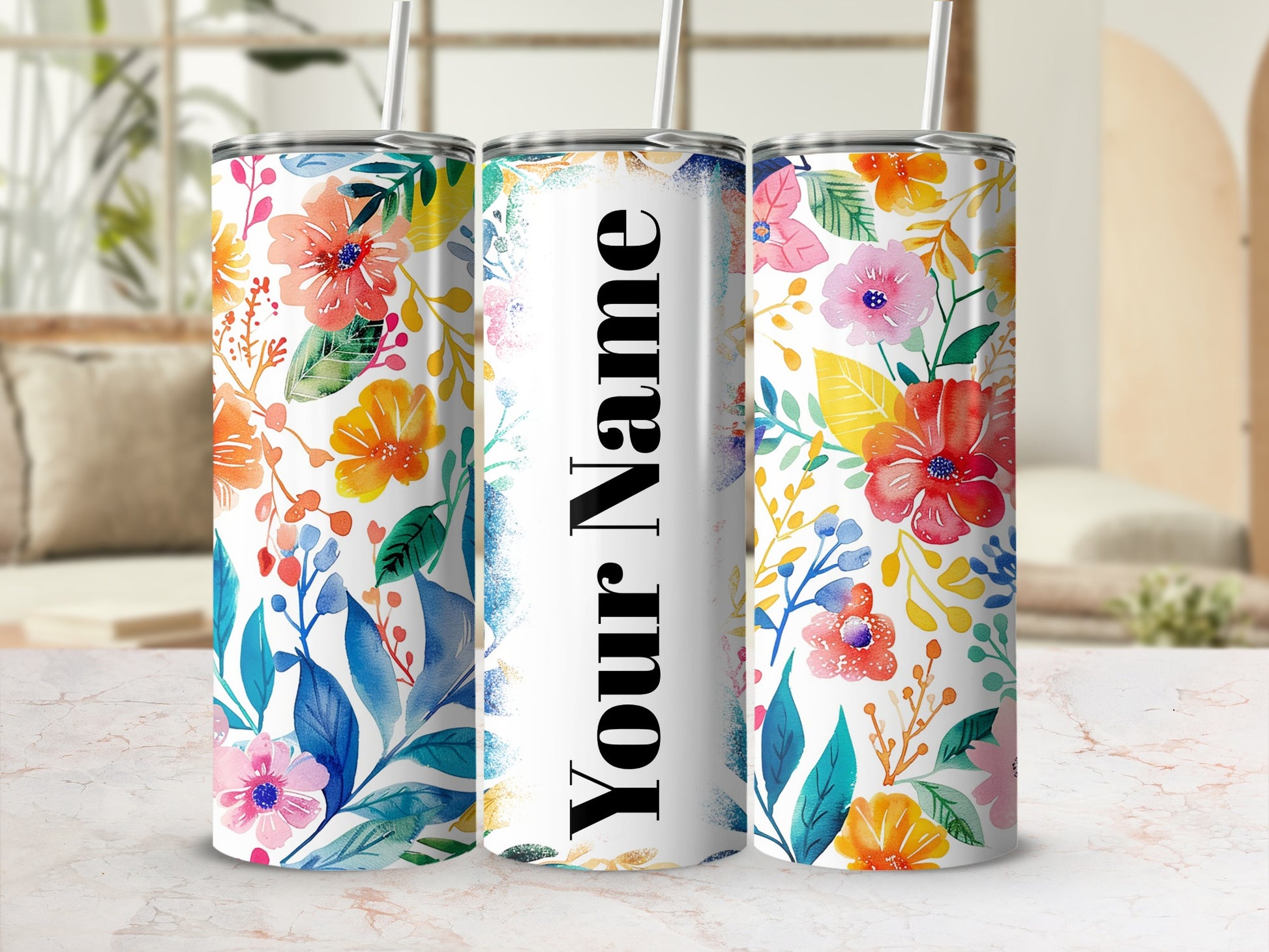 Personalized Floral Stainless Steel Tumbler with Straw