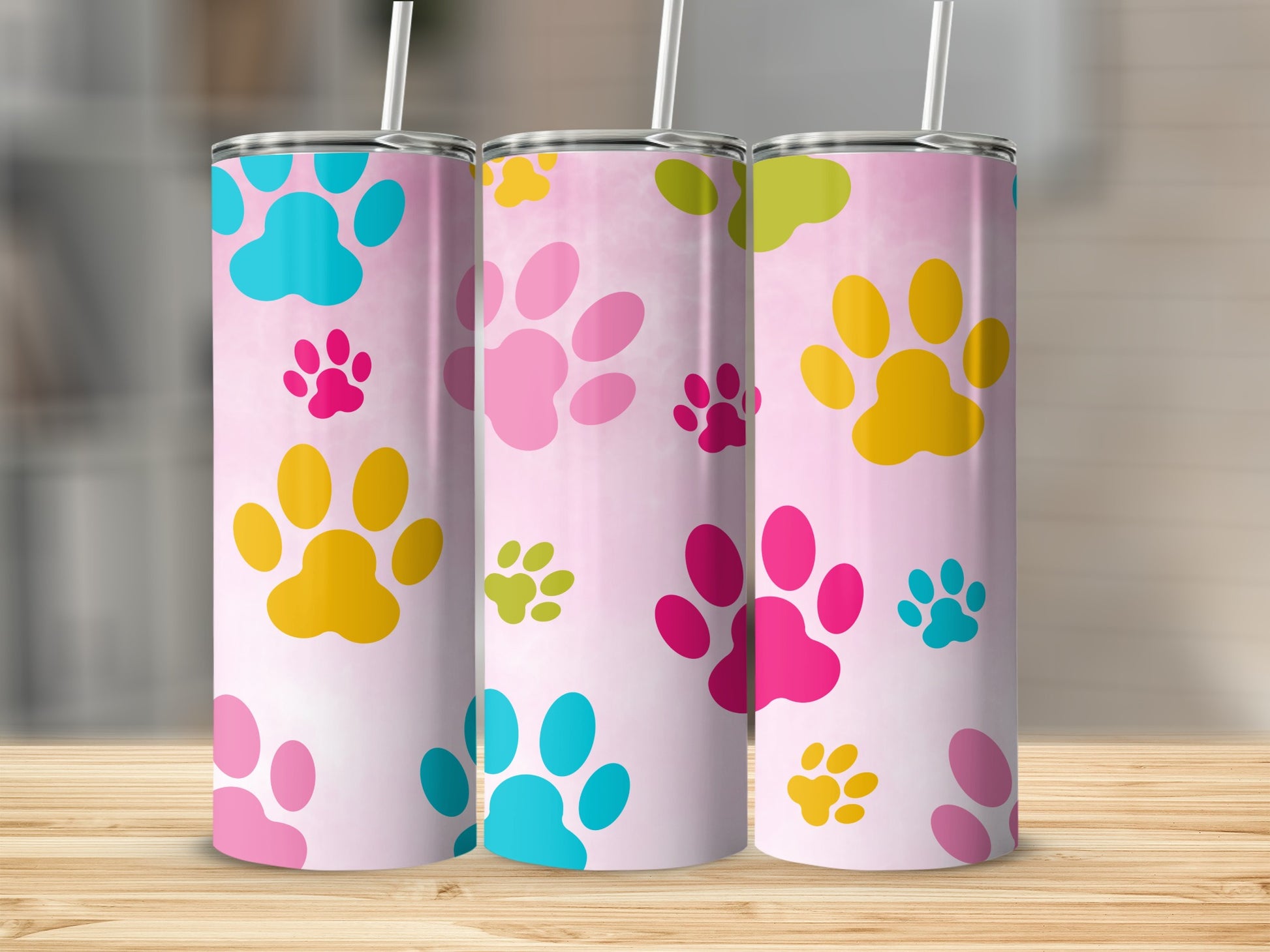 Colorful Paw Print Design Tumbler Cup with Straw