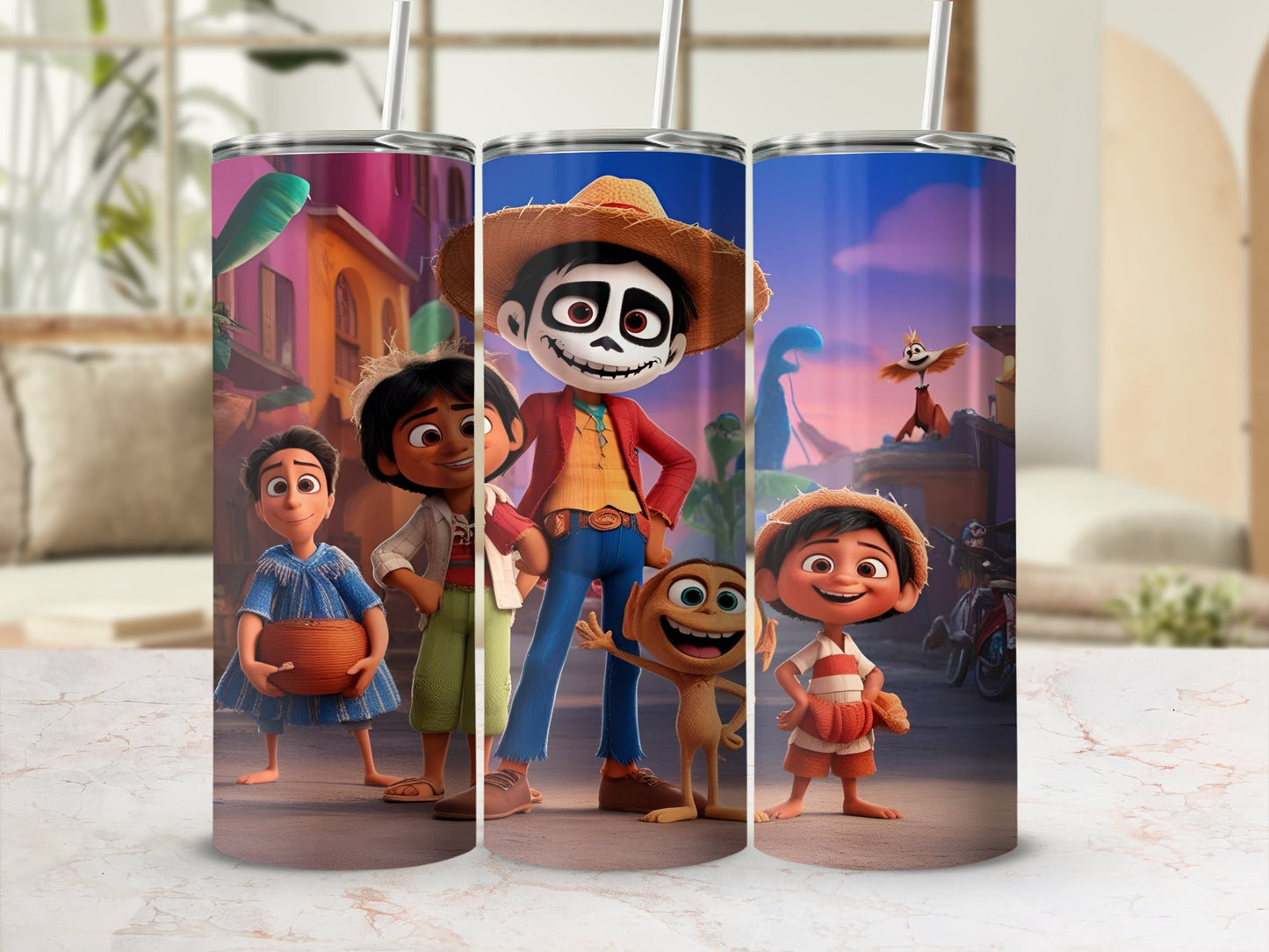 Characters from Disney's Coco movie on three tumblers.