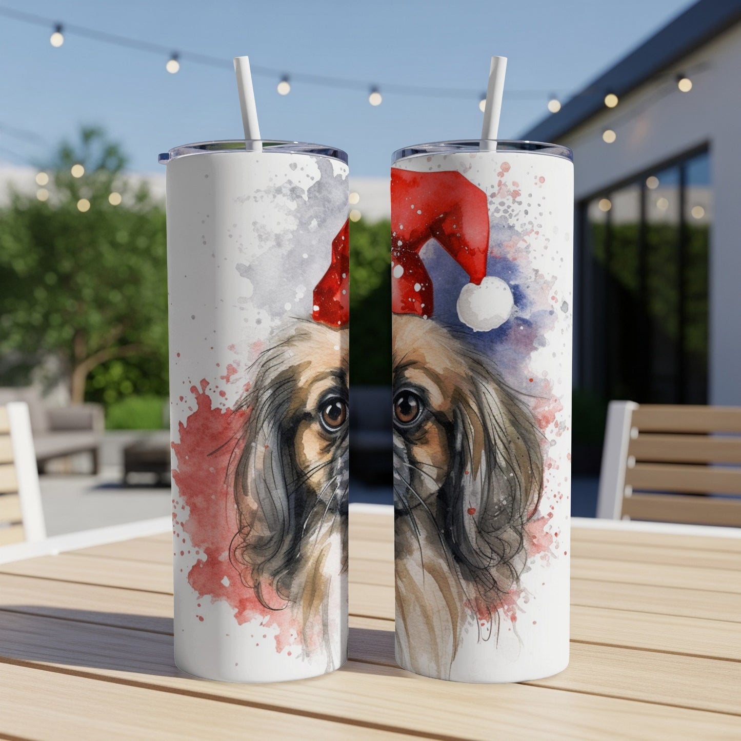 Watercolor Pekingese dog wearing a Santa hat on a stainless steel tumbler.