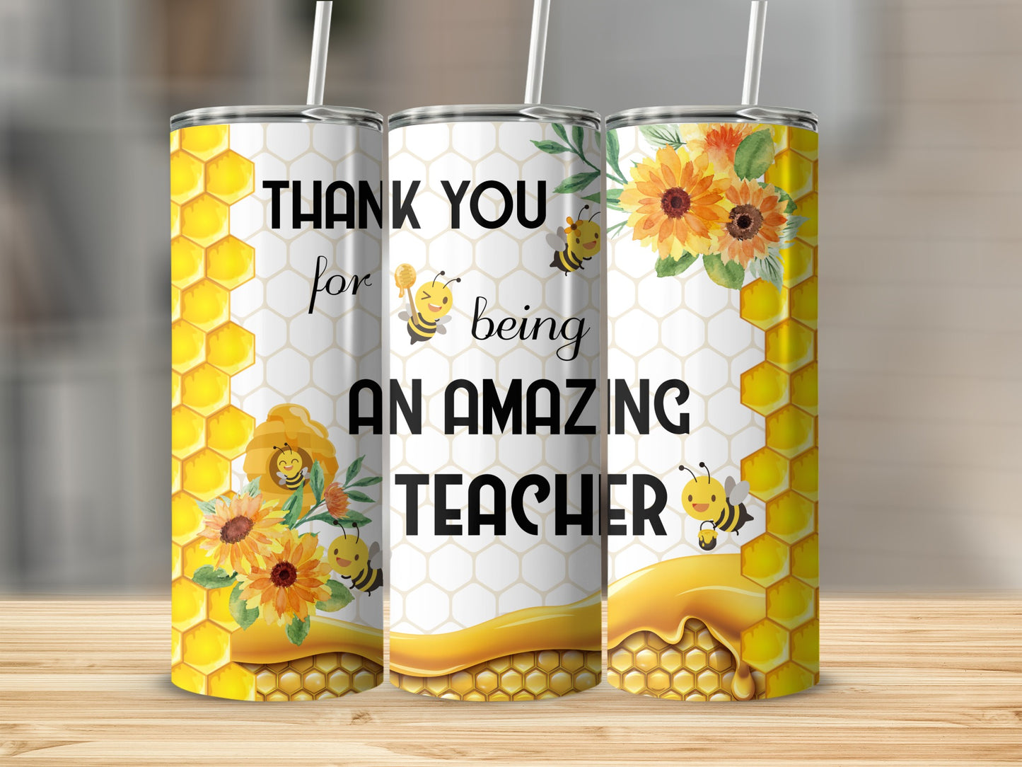 Tumbler with bees, sunflowers, honeycomb, and text "Thank you for being an amazing teacher."