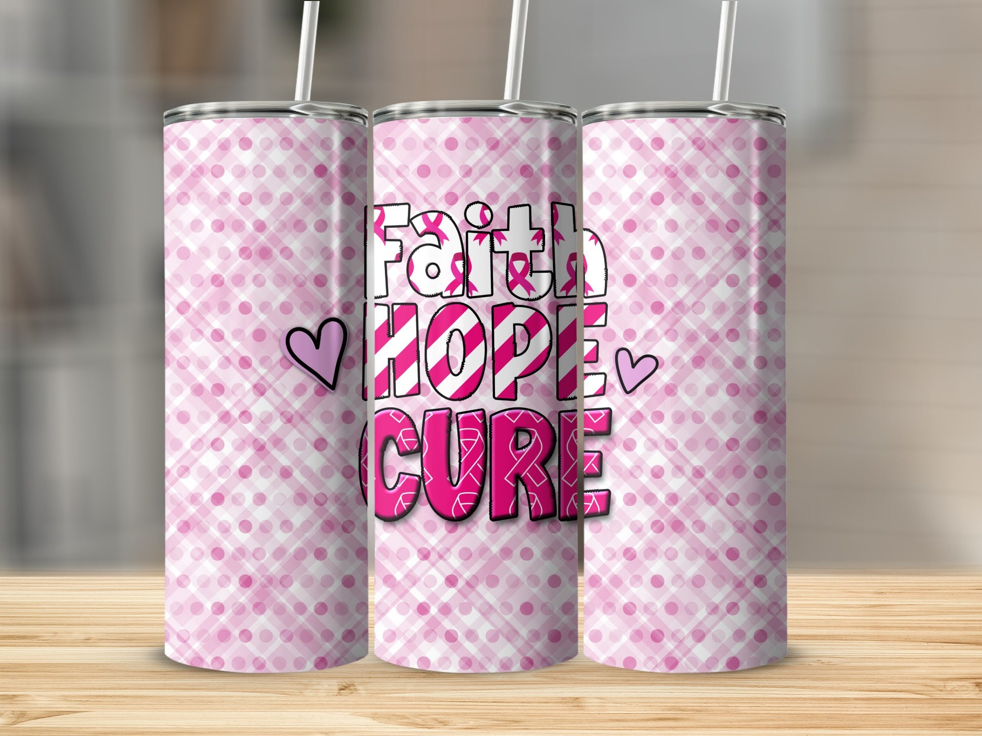 Pink gingham tumbler with "Faith Hope Cure" text and hearts.