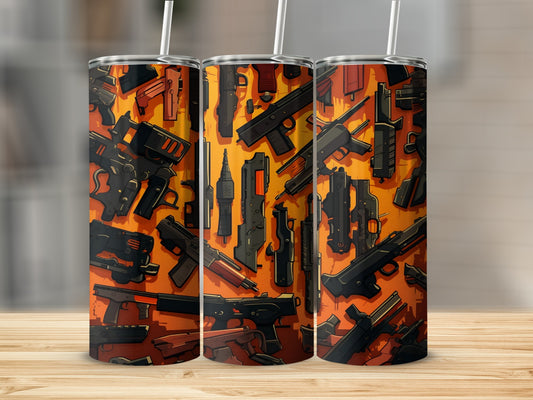 Three tumblers with a graphic design of various firearms on an orange background.