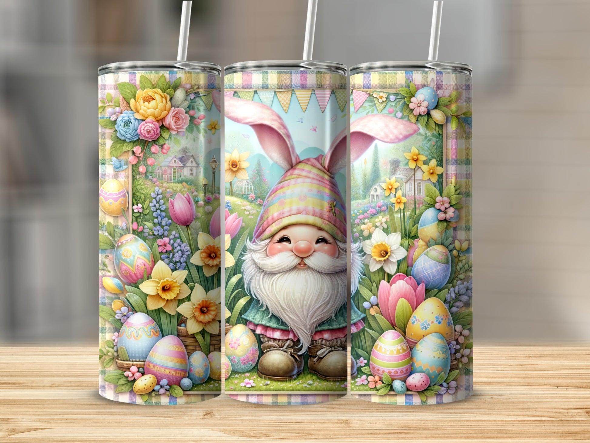 Easter gnome with eggs and flowers.