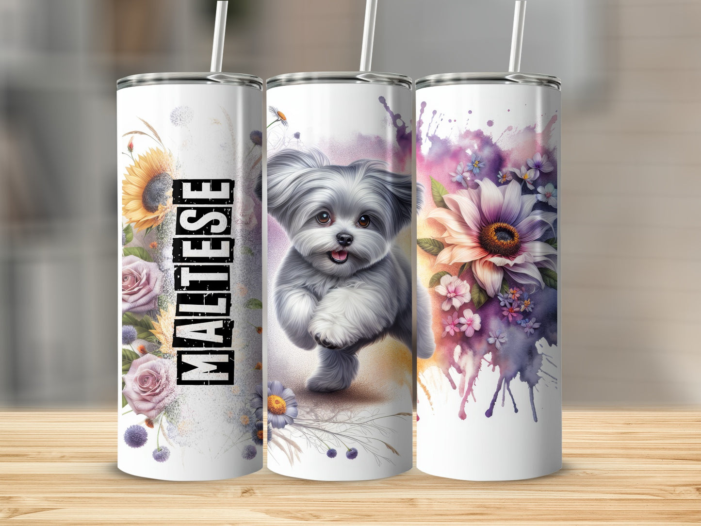 Maltese dog with flowers on three skinny tumblers.
