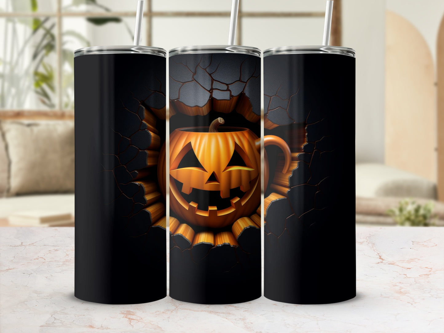 Three tumblers featuring a cracked black design with a carved jack-o'-lantern emerging.