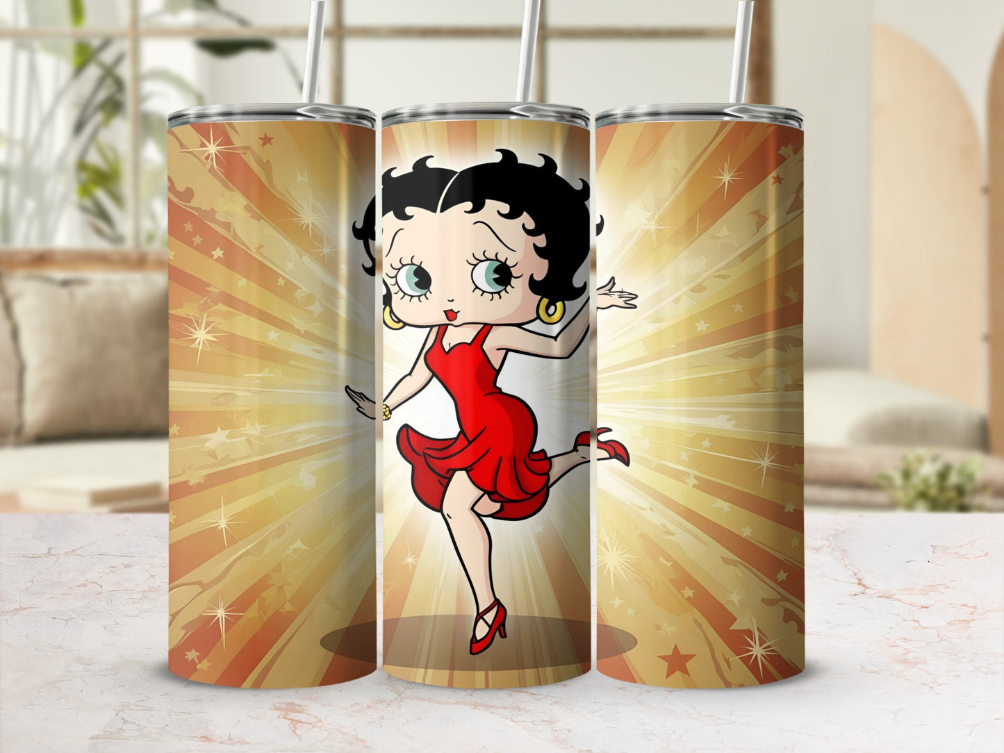 Betty Boop in a red dress dancing with starburst background on three tumblers.
