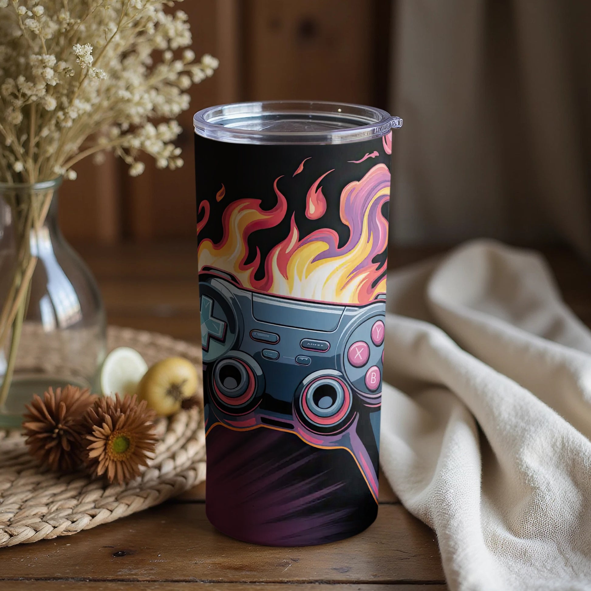 Video Game Controller with Flames Tumbler