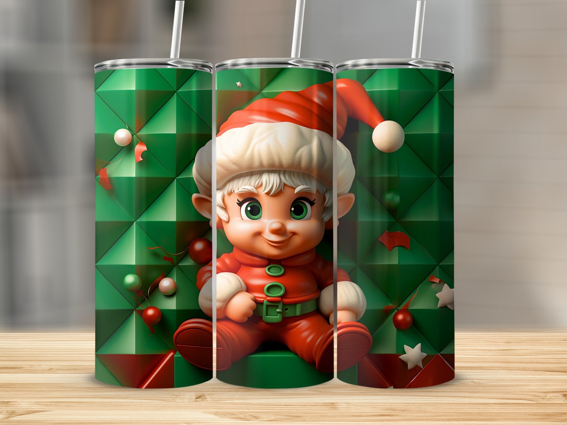 Festive Elf Tumbler with Holiday Ornaments Design