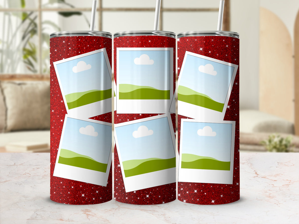 Three red glitter tumblers with white photo frames and placeholder landscape images.