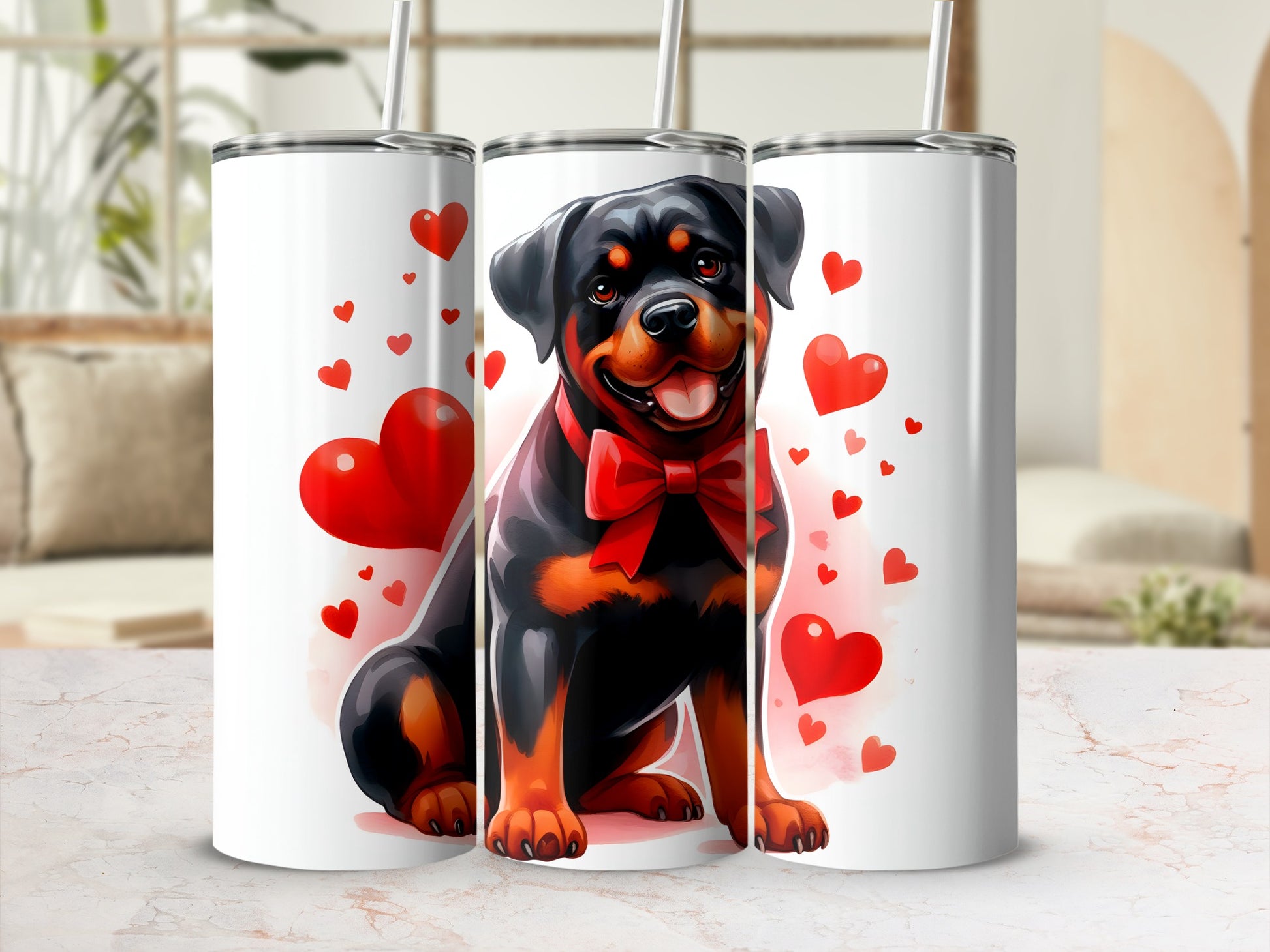Rottweiler in bowtie with hearts on white tumblers.