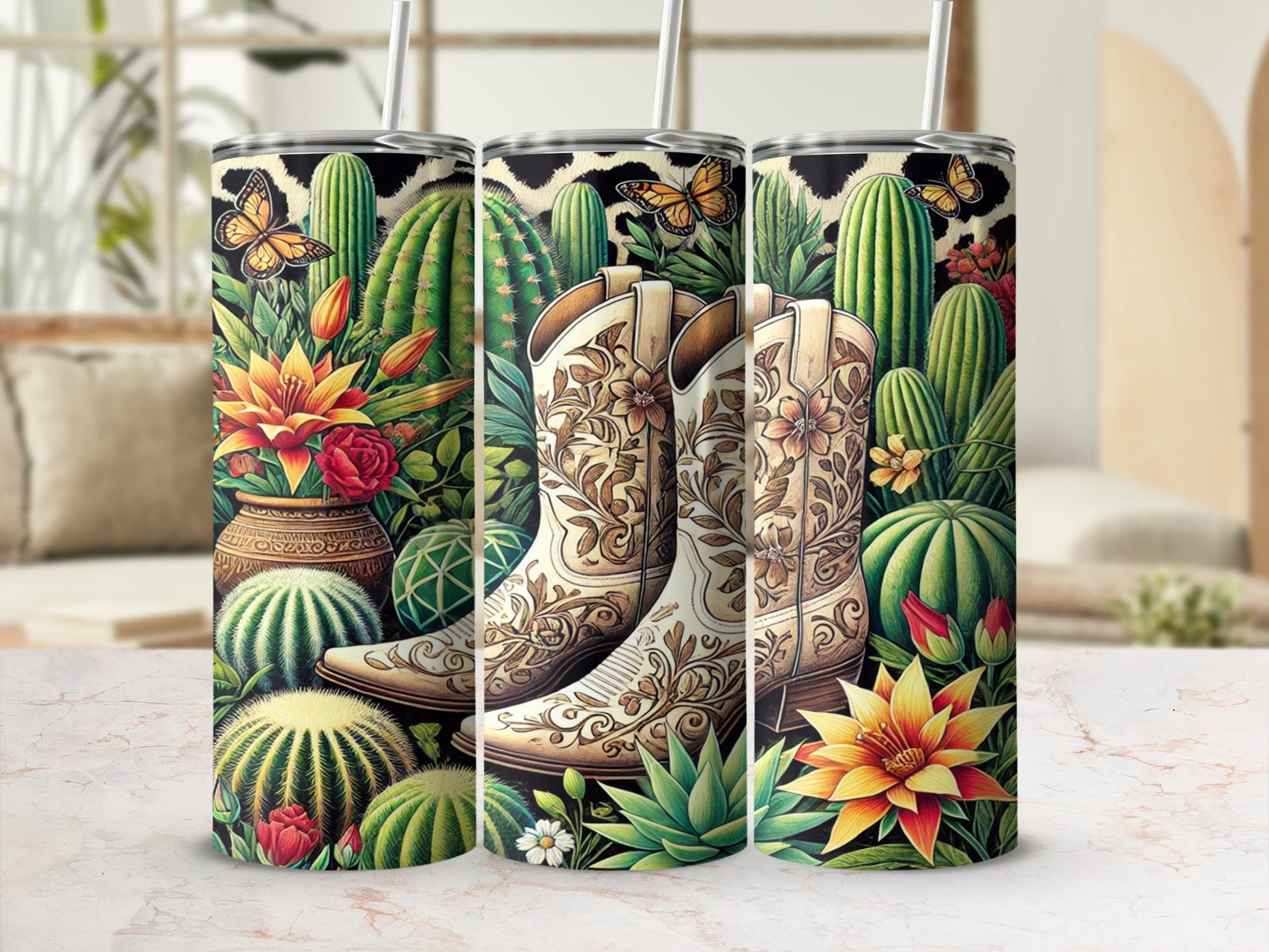 Vibrant Floral and Cactus Print Tumbler with Boot Design