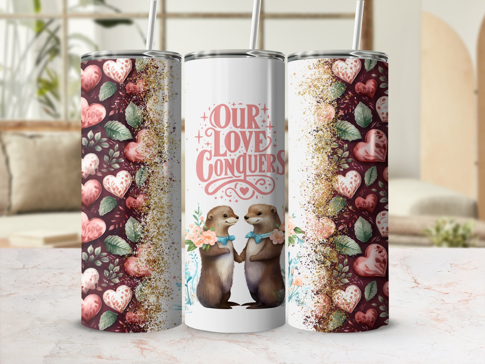 Our Love Conquers Otter Heart Pattern Tumbler