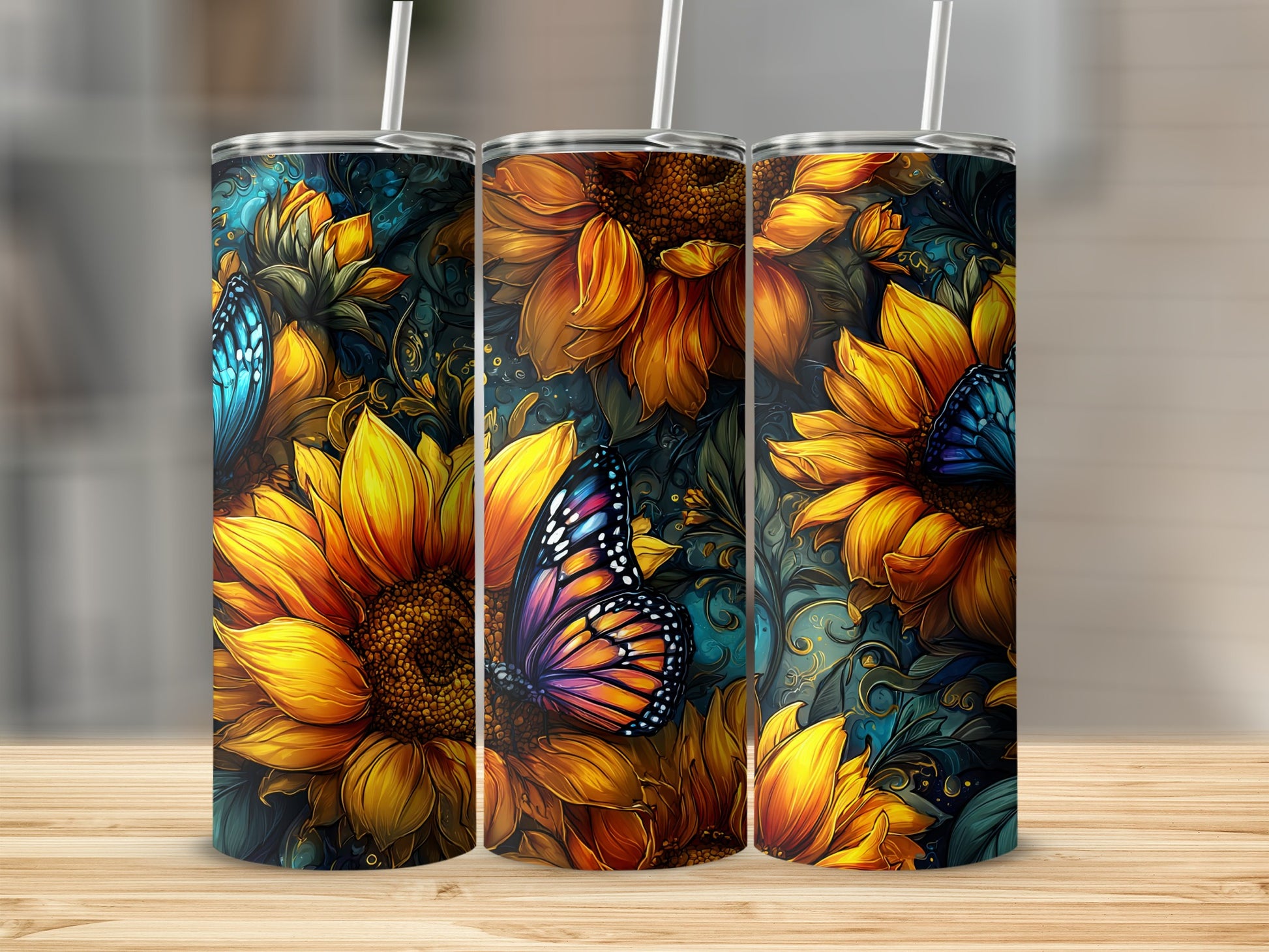 Sunflower and Butterfly Stainless Steel Tumbler