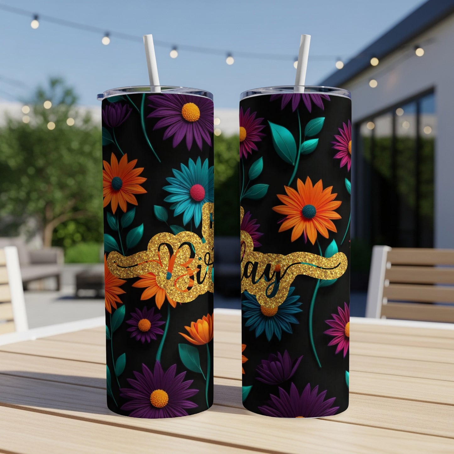 Black tumbler with colorful floral design and gold "Birthday" text.