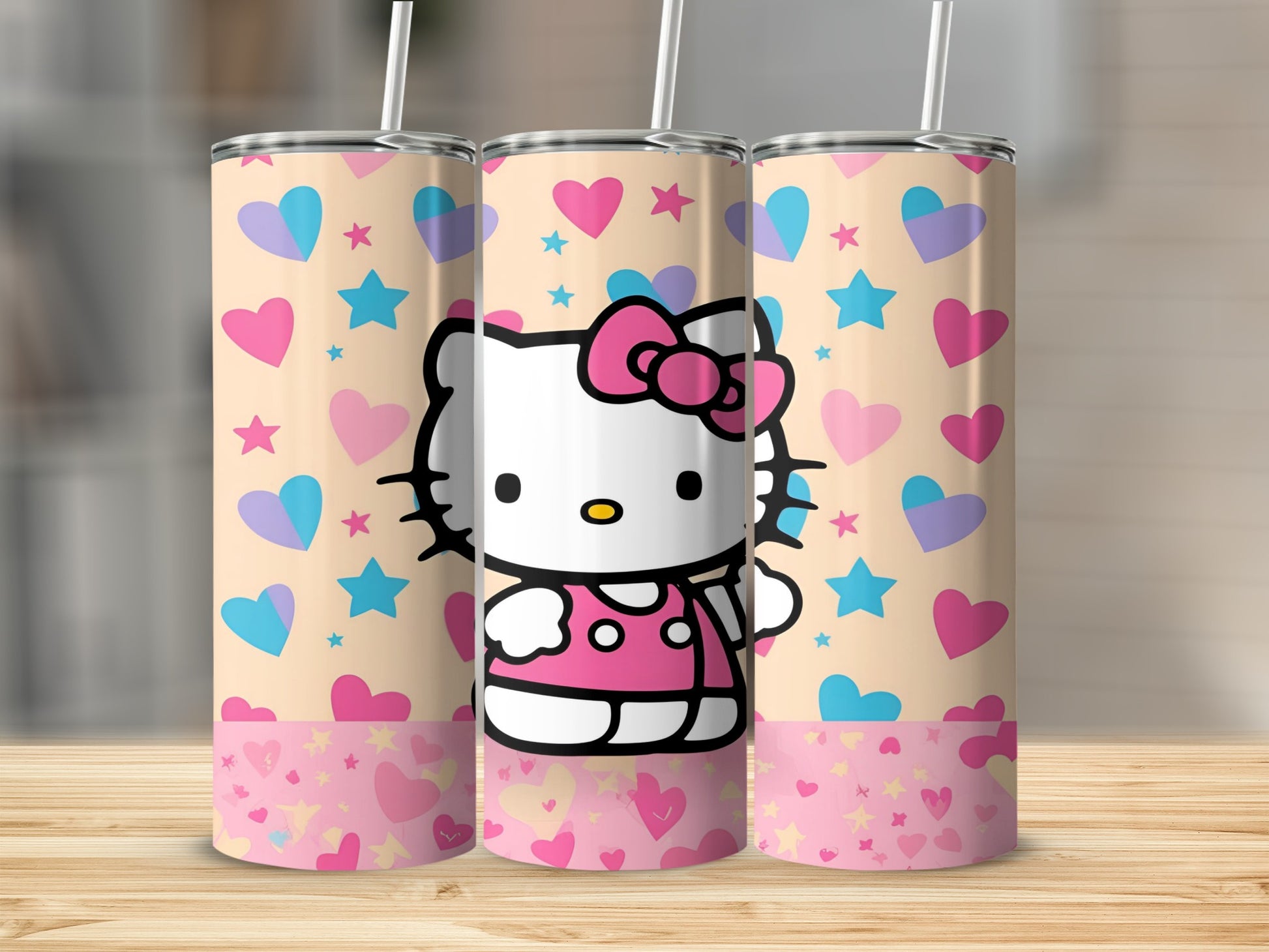 Hello Kitty tumbler with hearts and stars pattern.