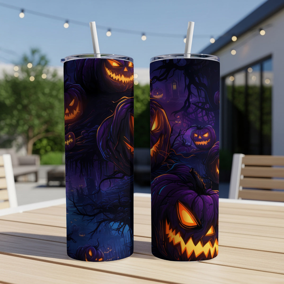 Two tumblers with spooky Halloween pumpkin designs against a nighttime forest backdrop.
