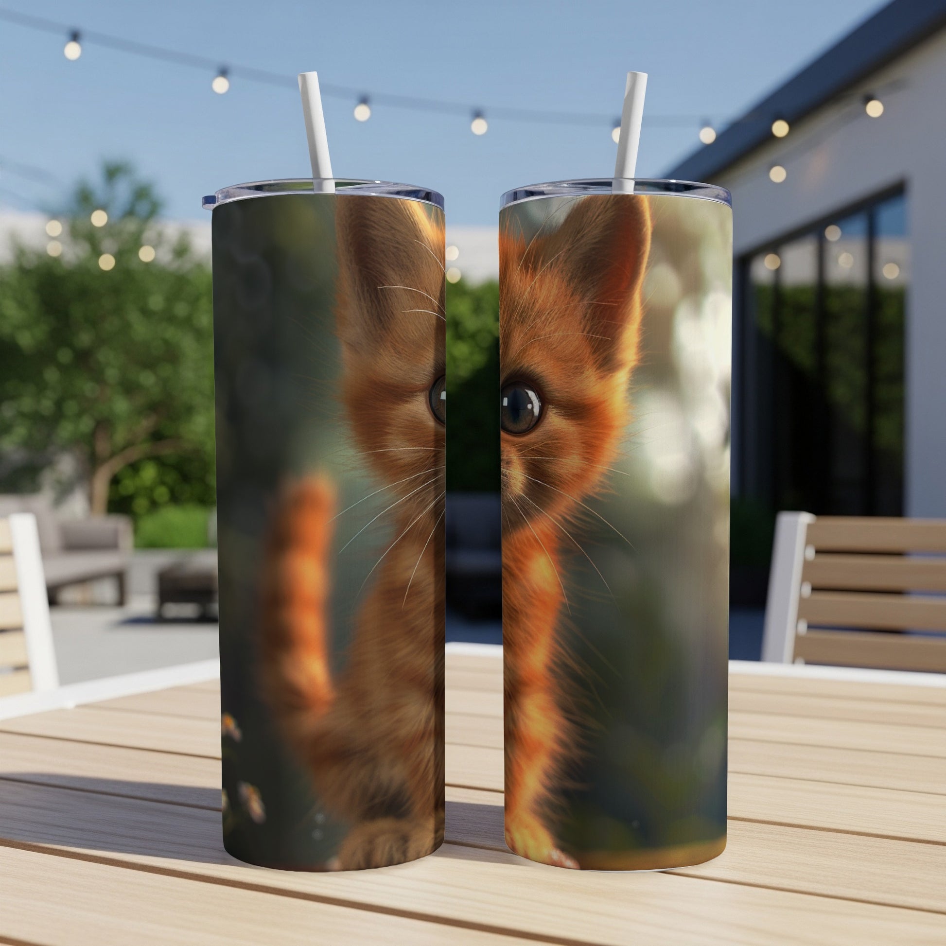Two skinny tumblers with a close-up of a cute orange kitten's face.