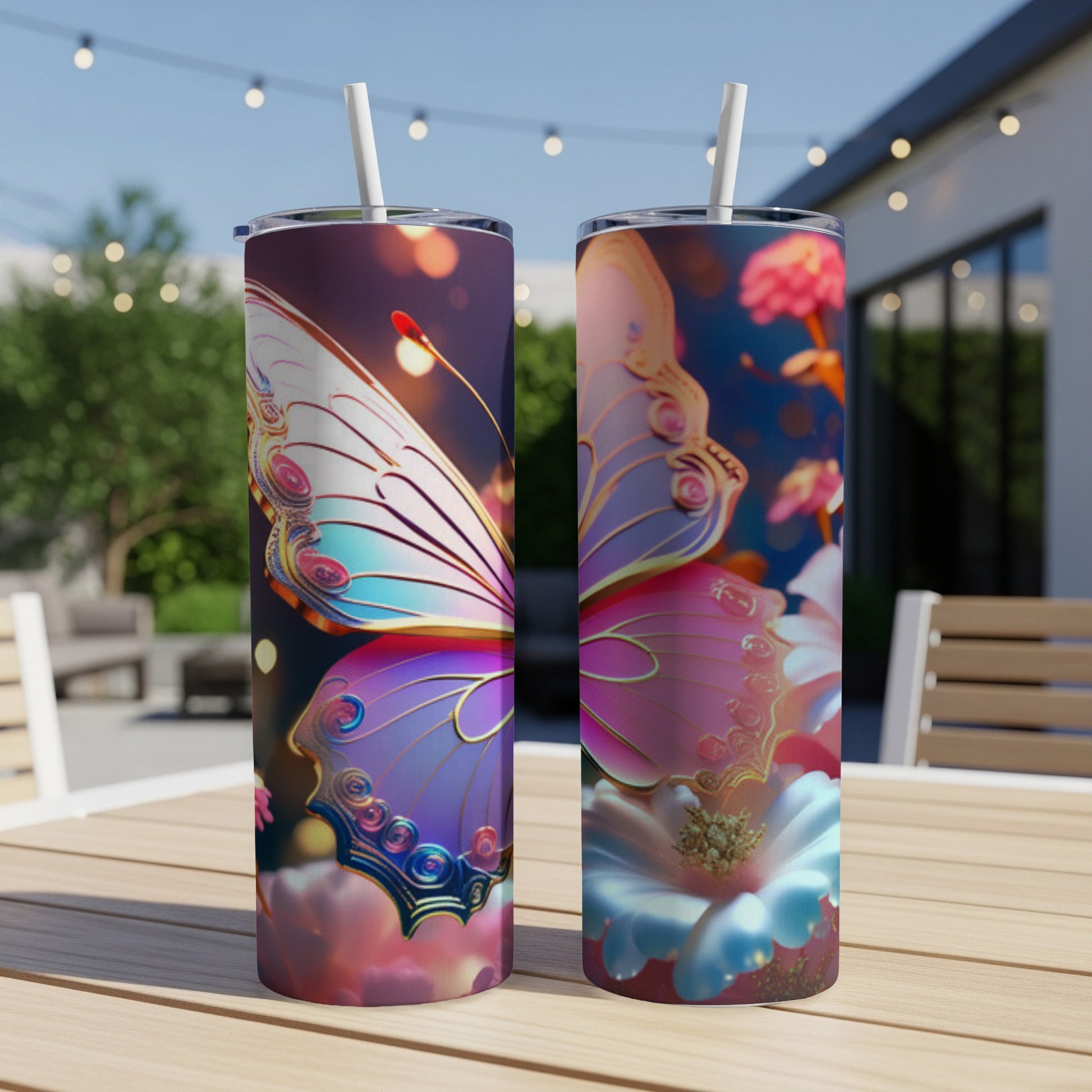 Two tumblers with iridescent butterfly and floral designs on a wooden table.