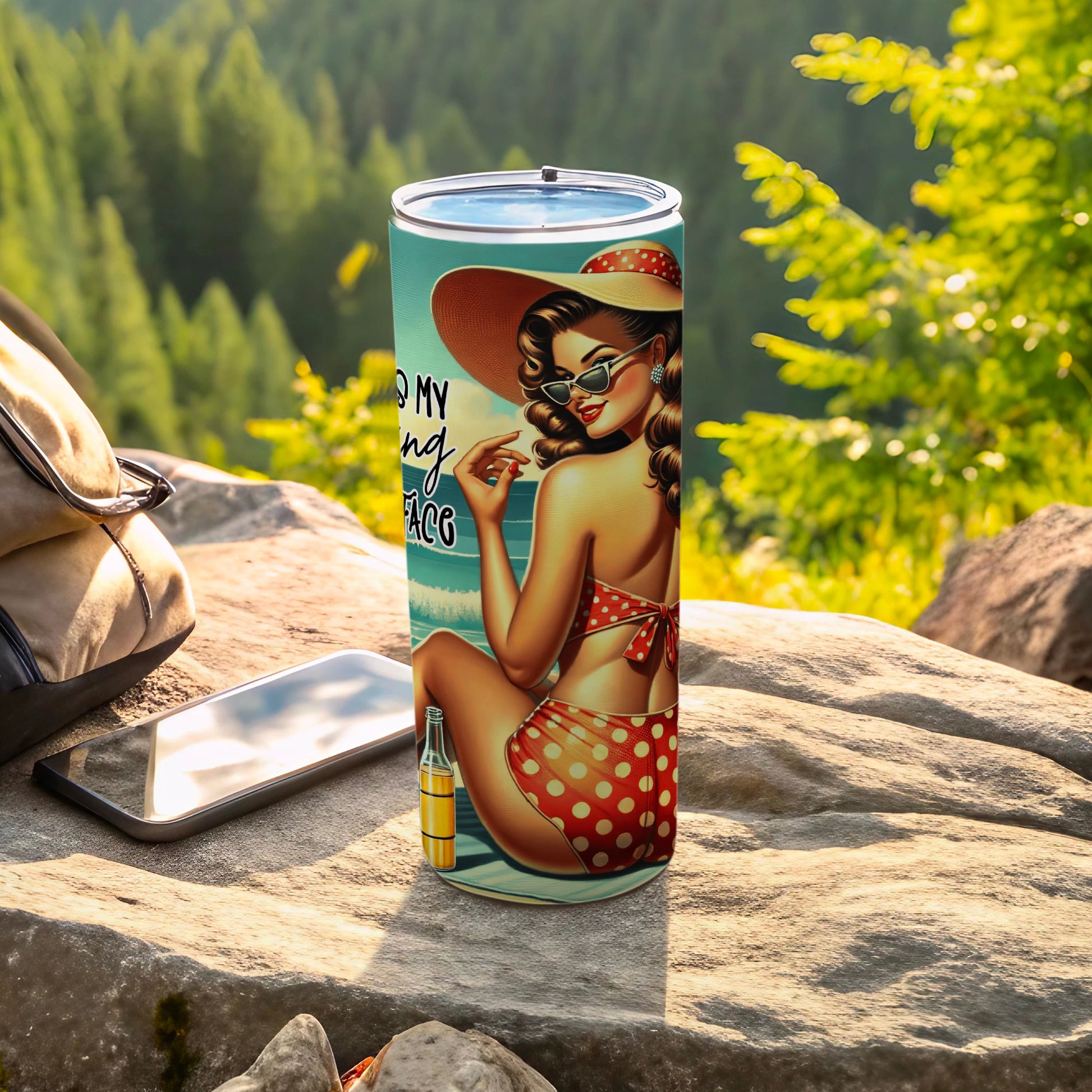Woman in polka dot bikini and hat on a tumbler.