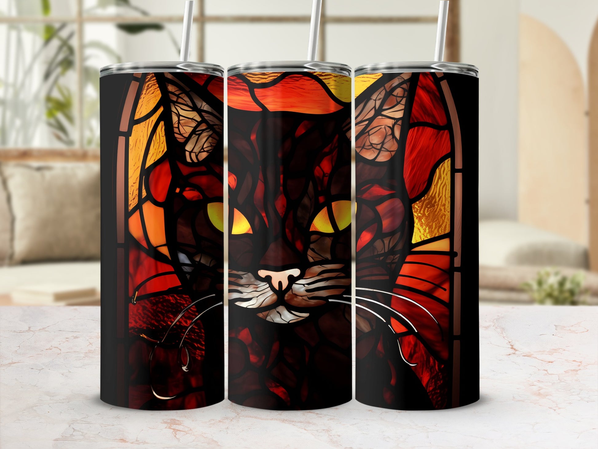 Black cat stained glass tumbler with straw.