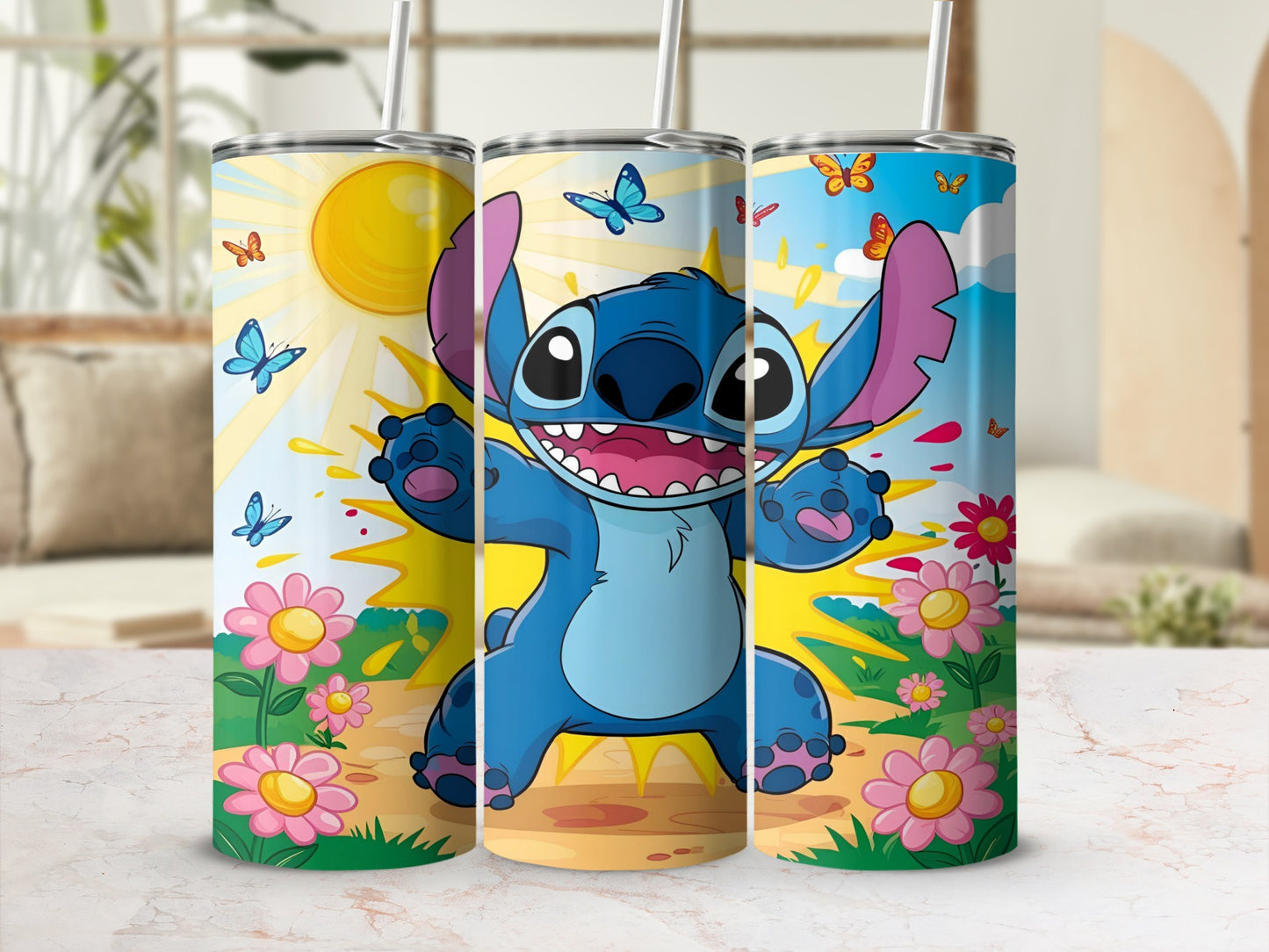 Stitch character from Lilo & Stitch with butterflies and flowers, bright and sunny background.