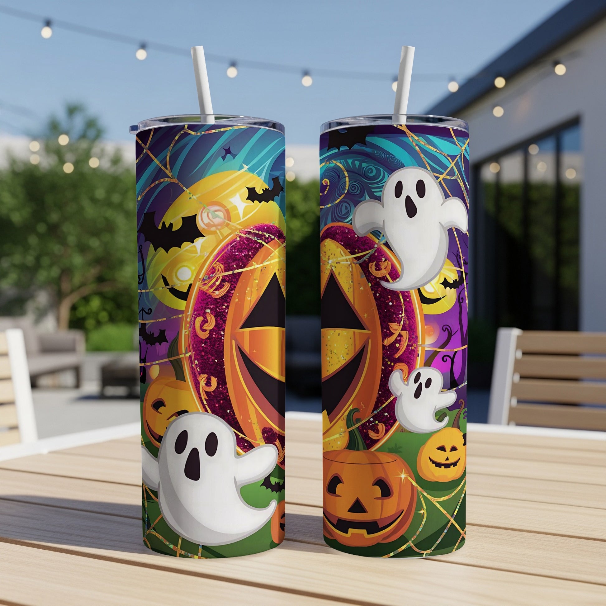 Two tumblers with a Halloween design featuring pumpkins, ghosts, and bats on a wooden table.