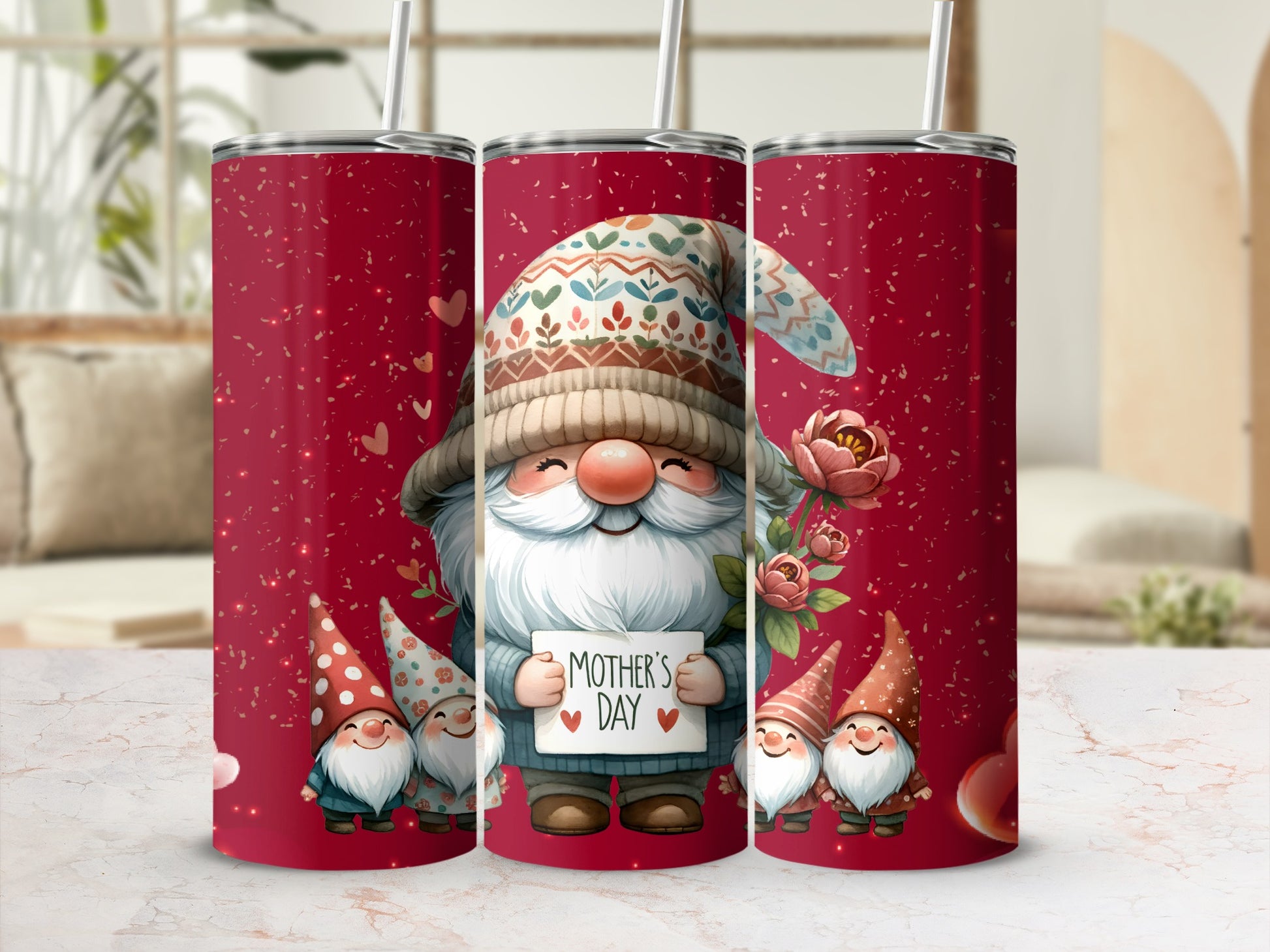 Mother's Day Gnome themed tumbler with straw