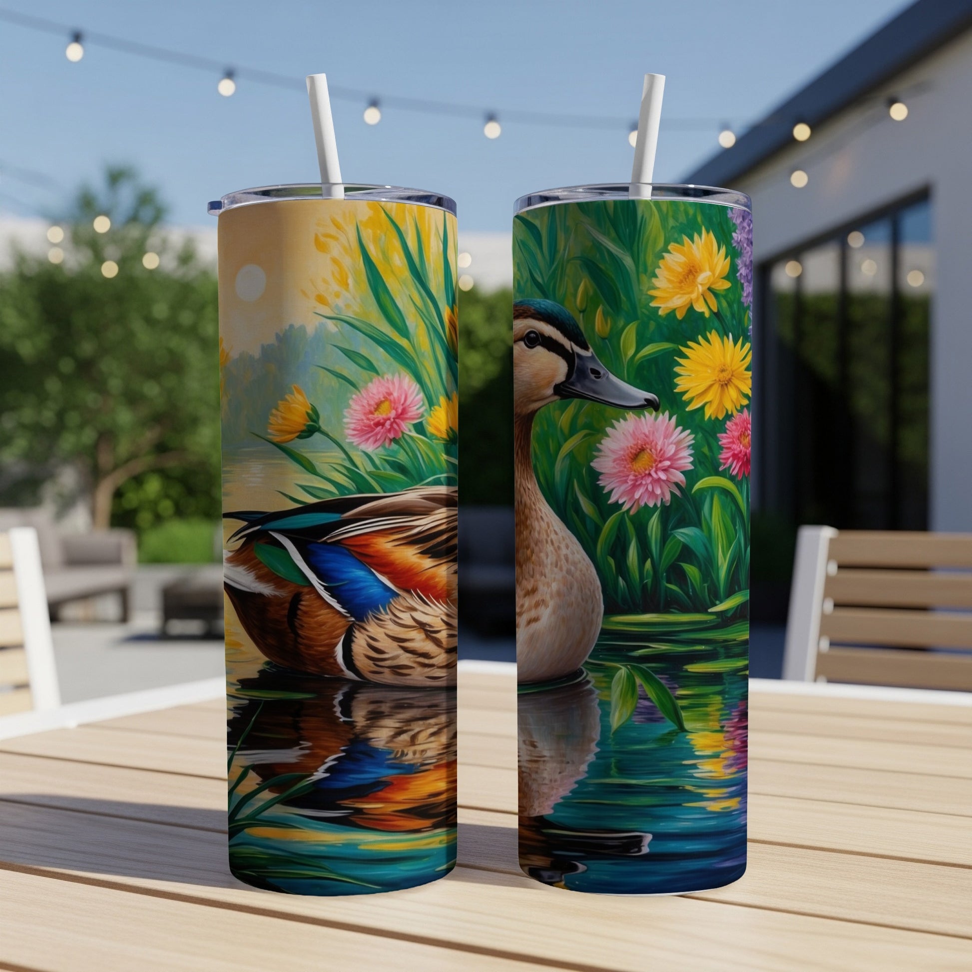 Two tumblers featuring a duck on water with flowers.