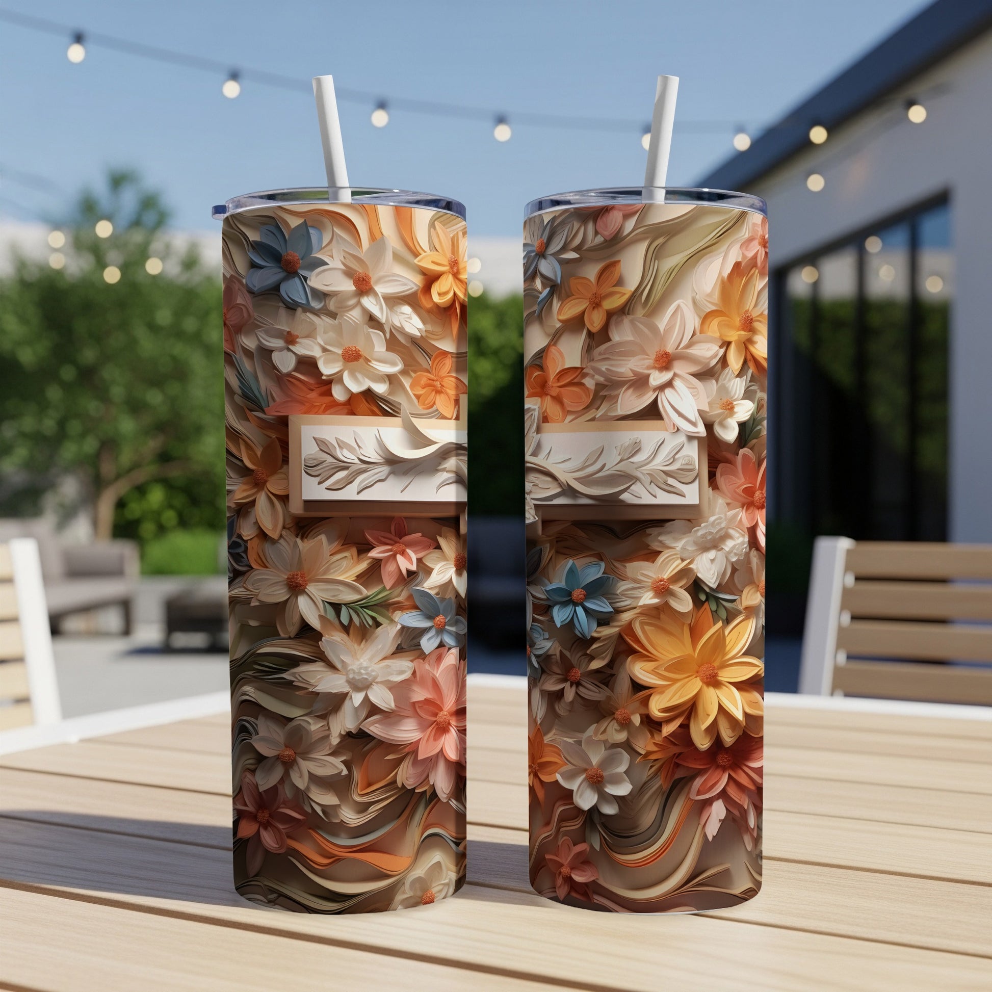 Two floral tumblers with textured flowers and a light brown rectangular accent.