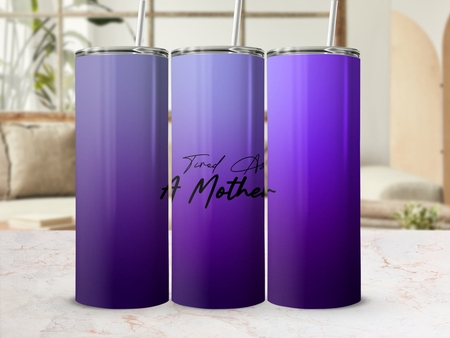 Purple ombre tumbler with "Tired AF Mother" text.