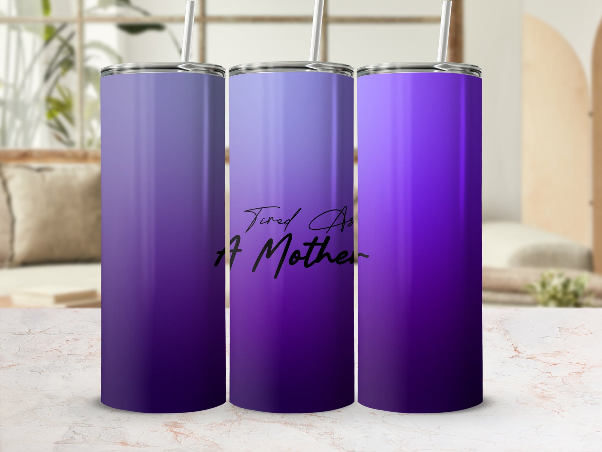 Purple ombre tumbler with "Tired AF Mother" text.
