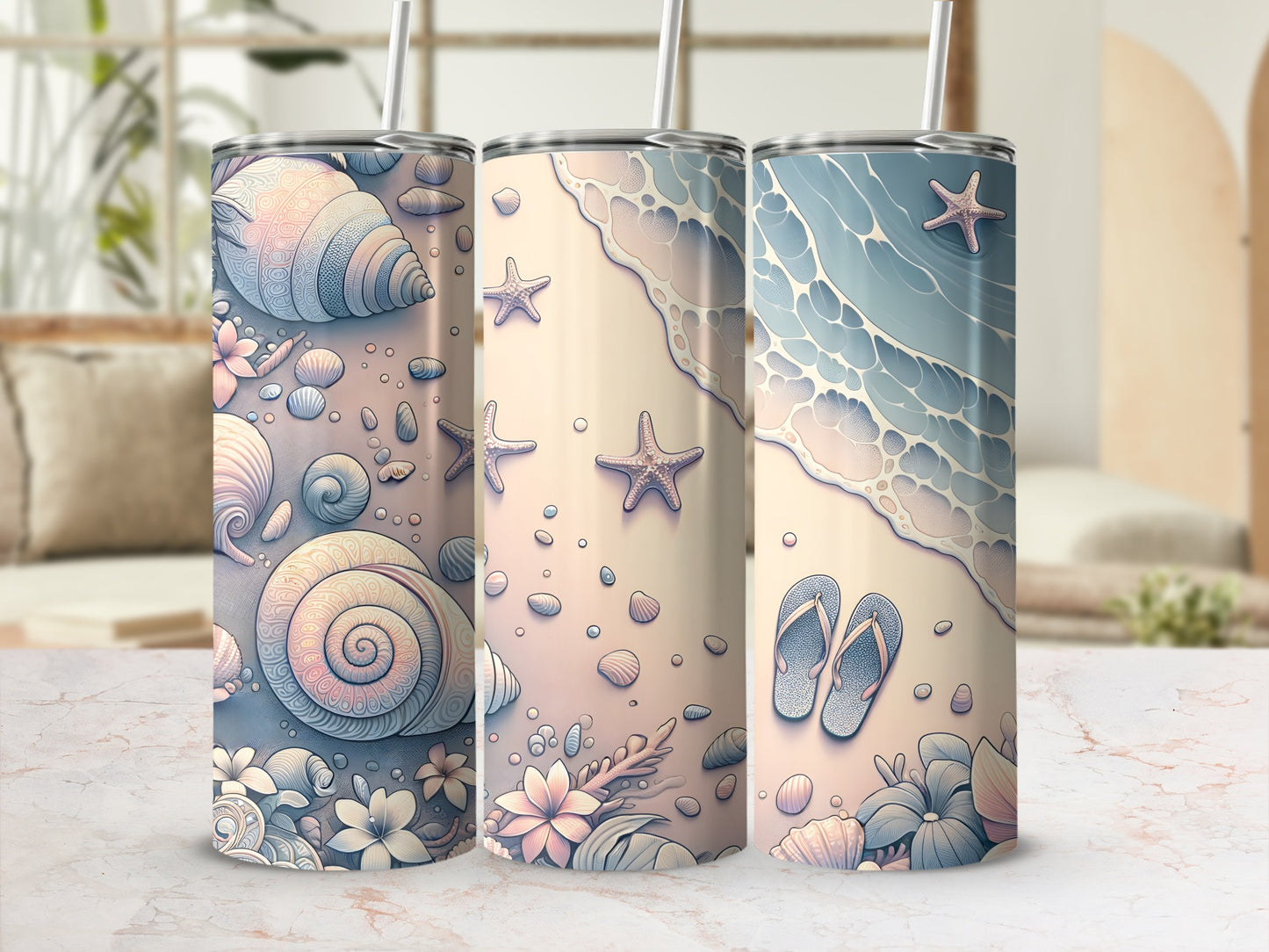 Three beach-themed tumblers with seashells, starfish, and flip-flops.