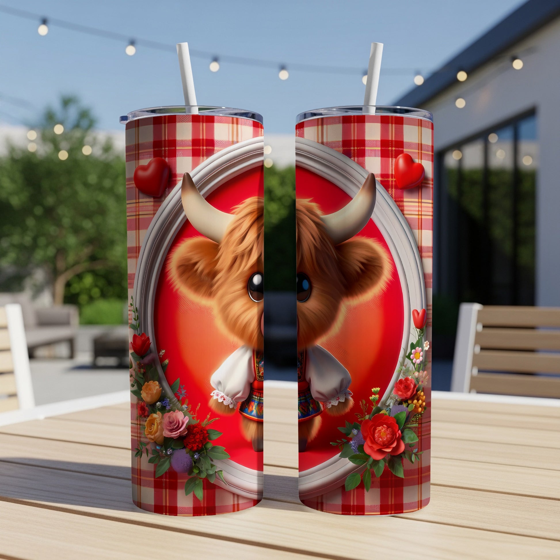 Two tumblers with a cute cow design and floral accents.