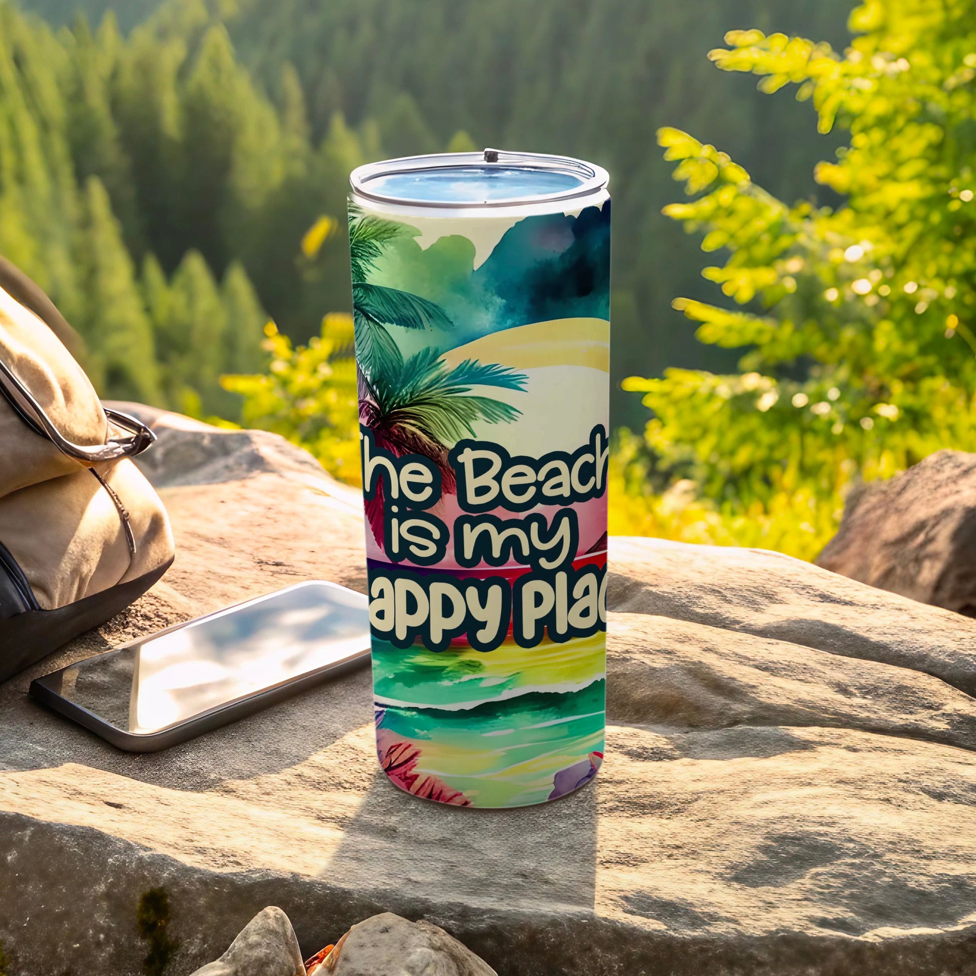 Tumbler with beach scene and text "The Beach is my Happy Place".