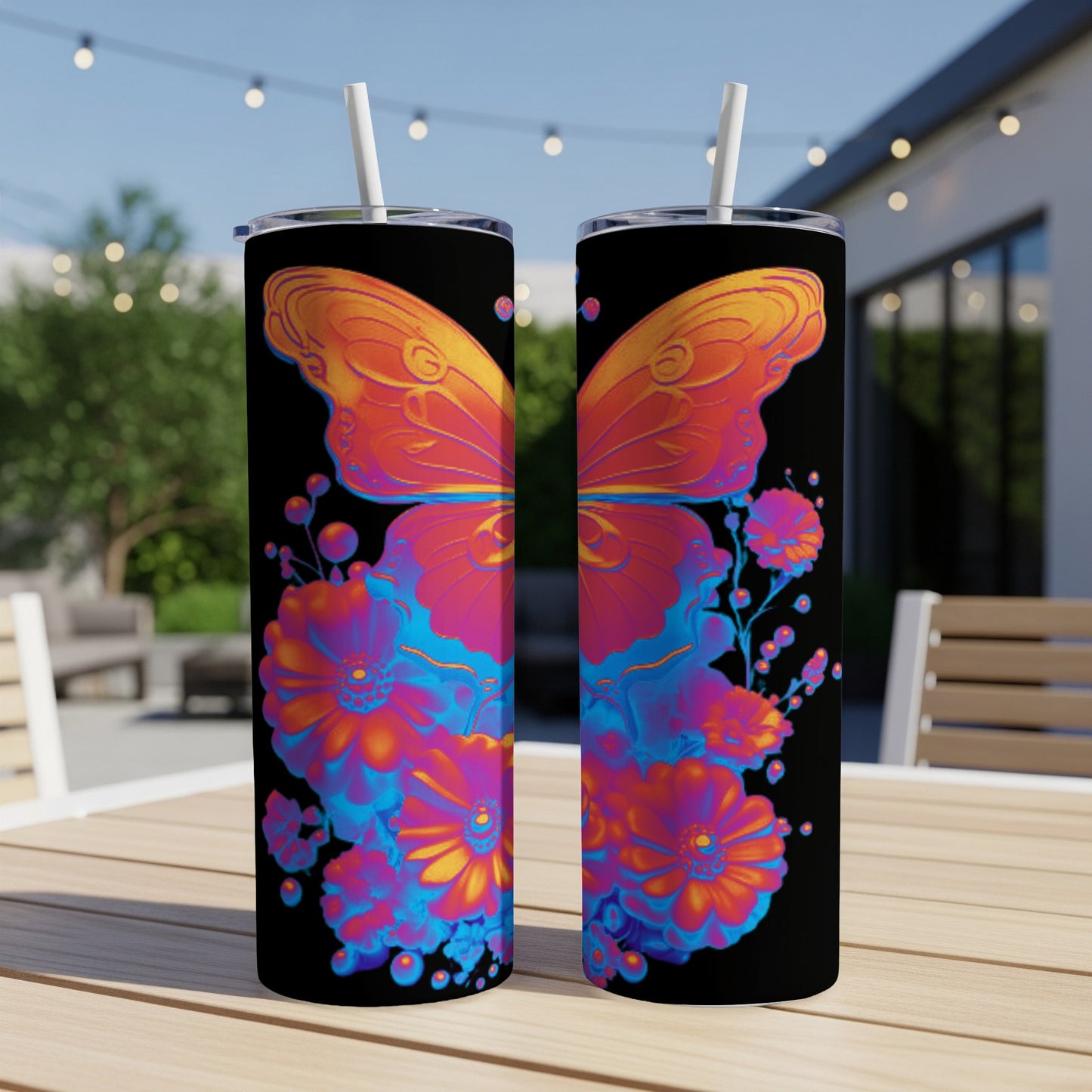 Two colorful tumblers with butterfly and floral designs on a table.