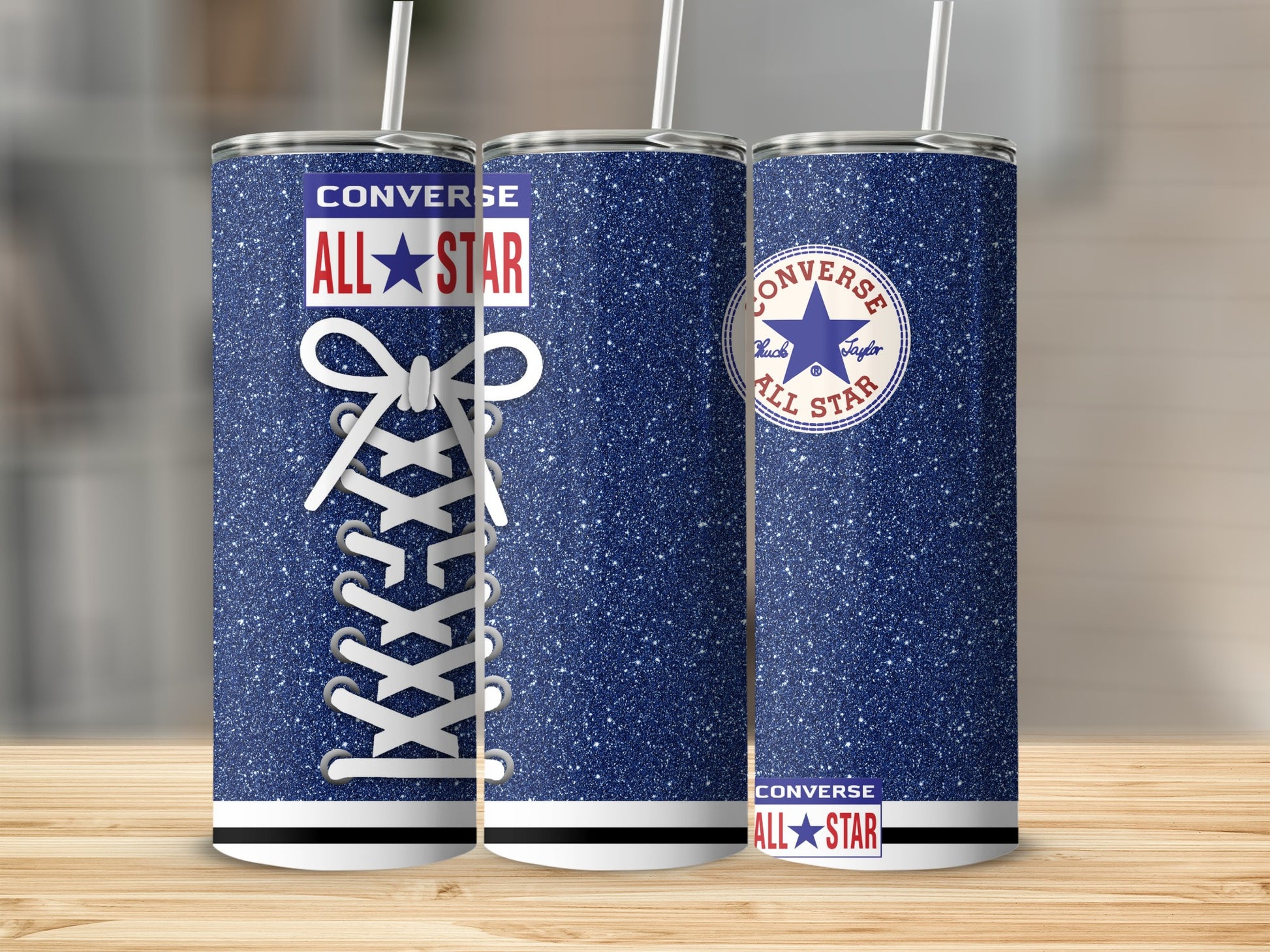 Three Converse All Star glitter tumblers with shoelace detail.