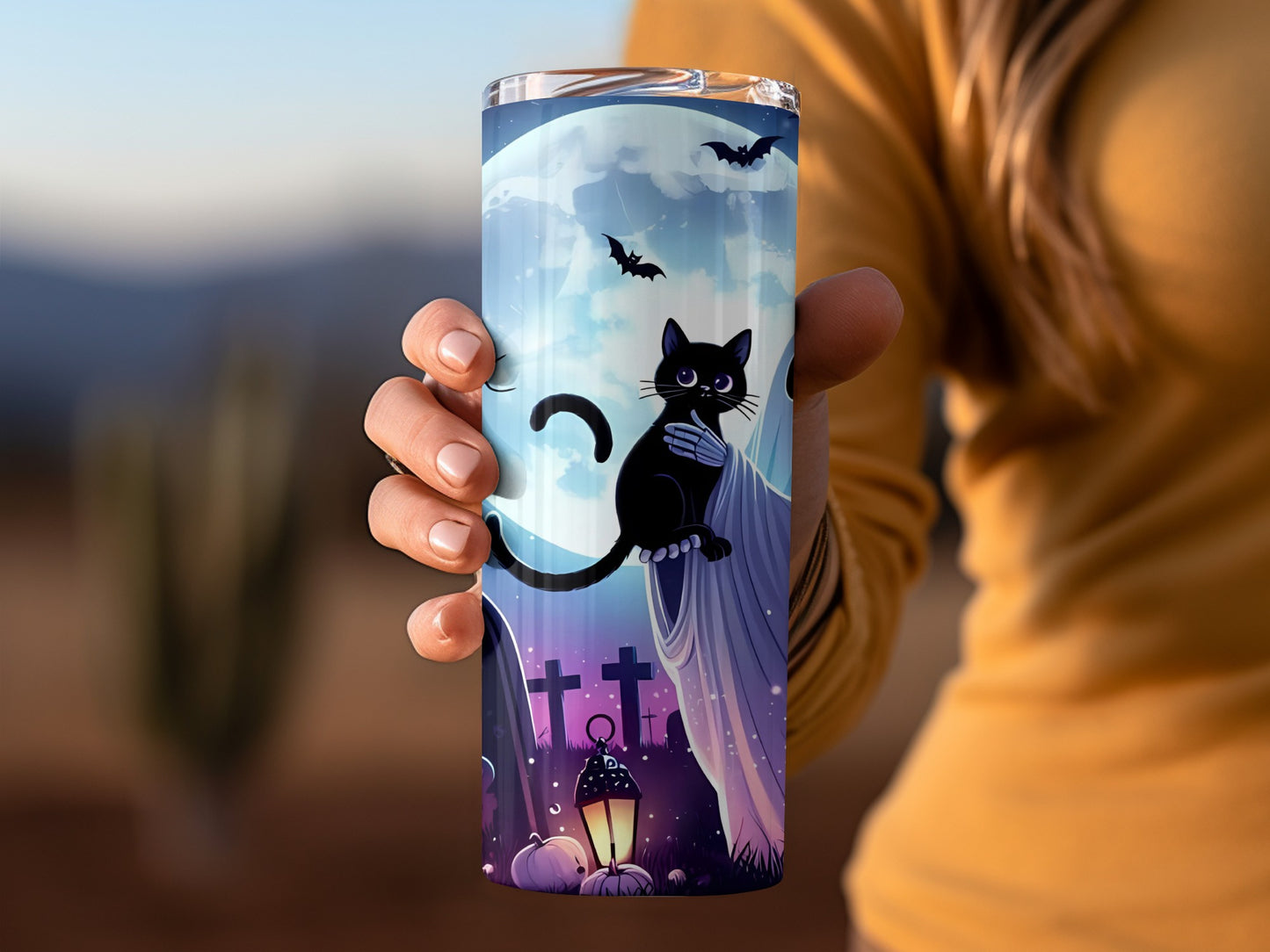 Halloween Black Cat and Bats Design Tumbler Product
