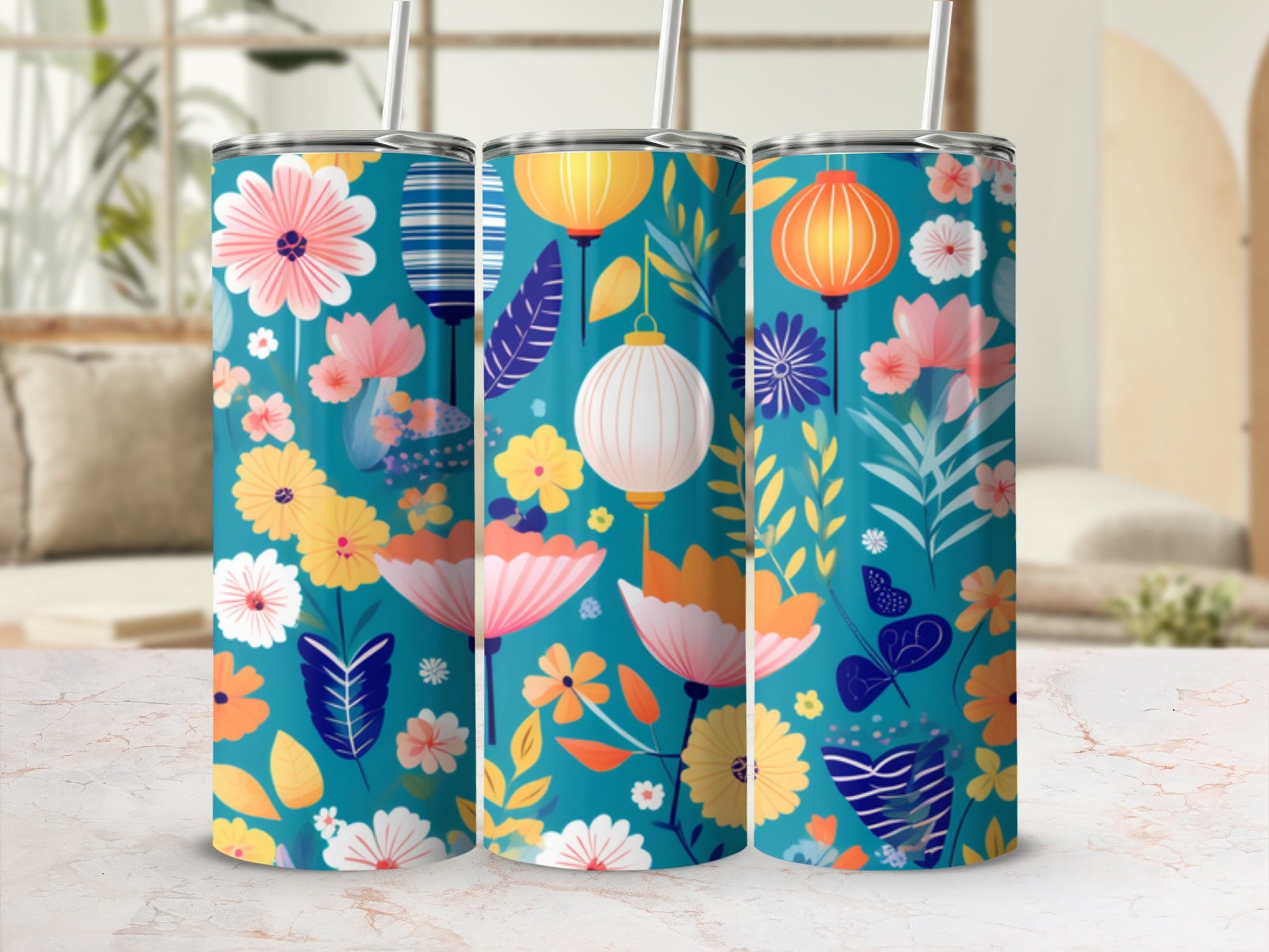 Floral design with lanterns on teal background, three tumblers side-by-side.