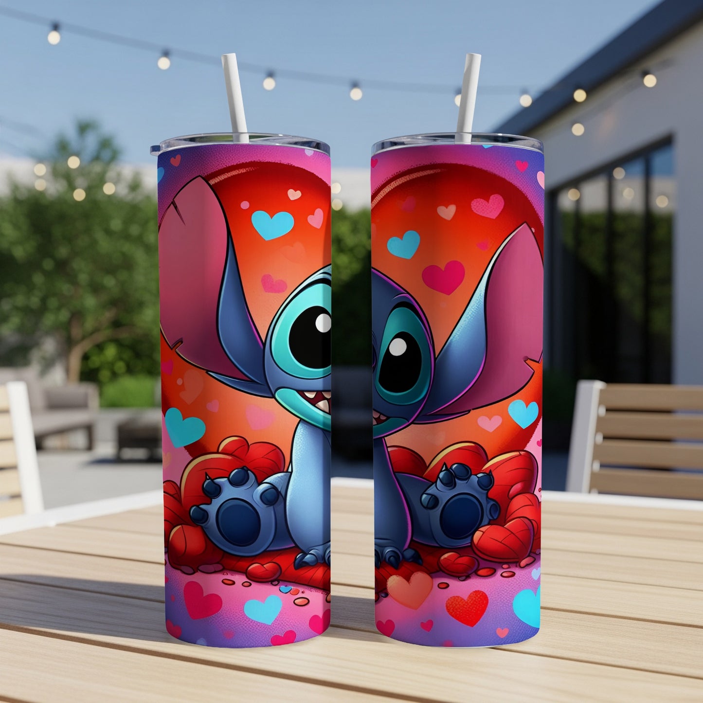 Stitch character on a tumbler with hearts and pink and red background.