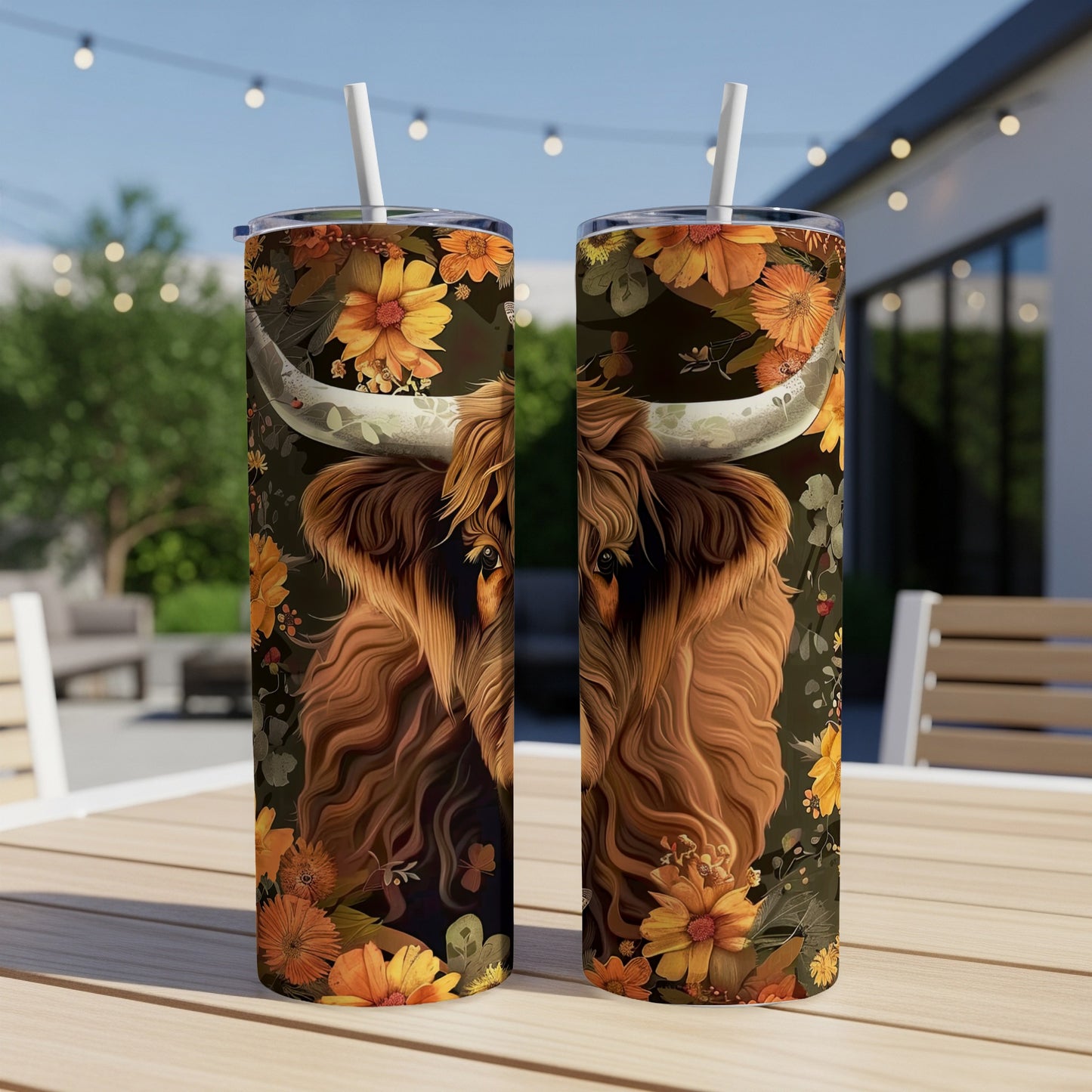 Two tumblers featuring a highland cow with floral accents on a table.