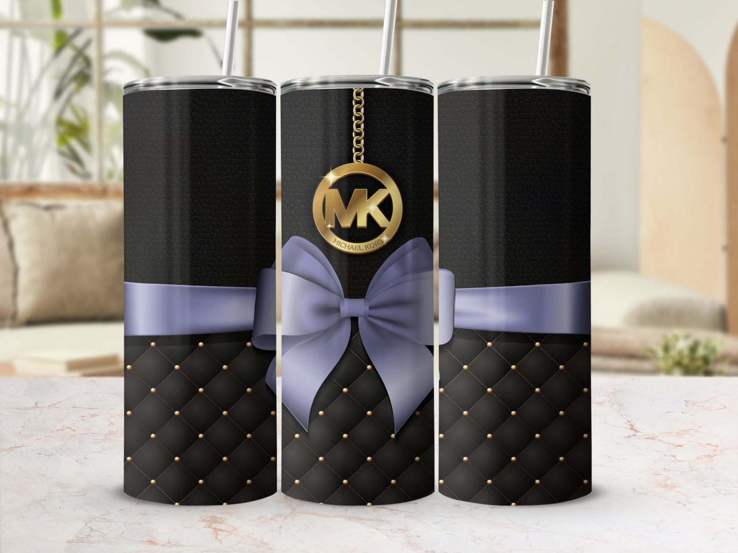 Luxury Black Quilted Tumbler With Purple Bow Design
