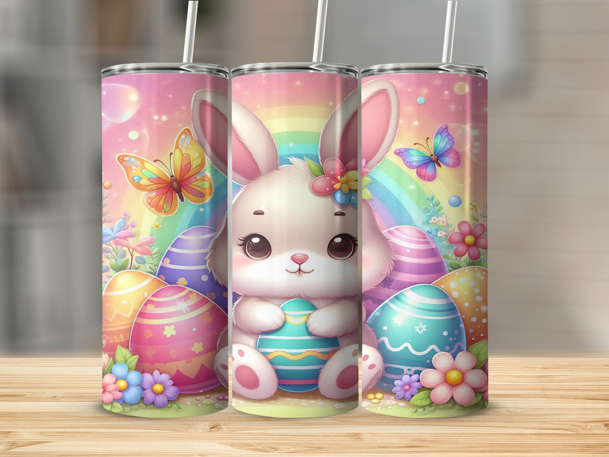 Easter bunny with colorful eggs and butterflies on a rainbow background.