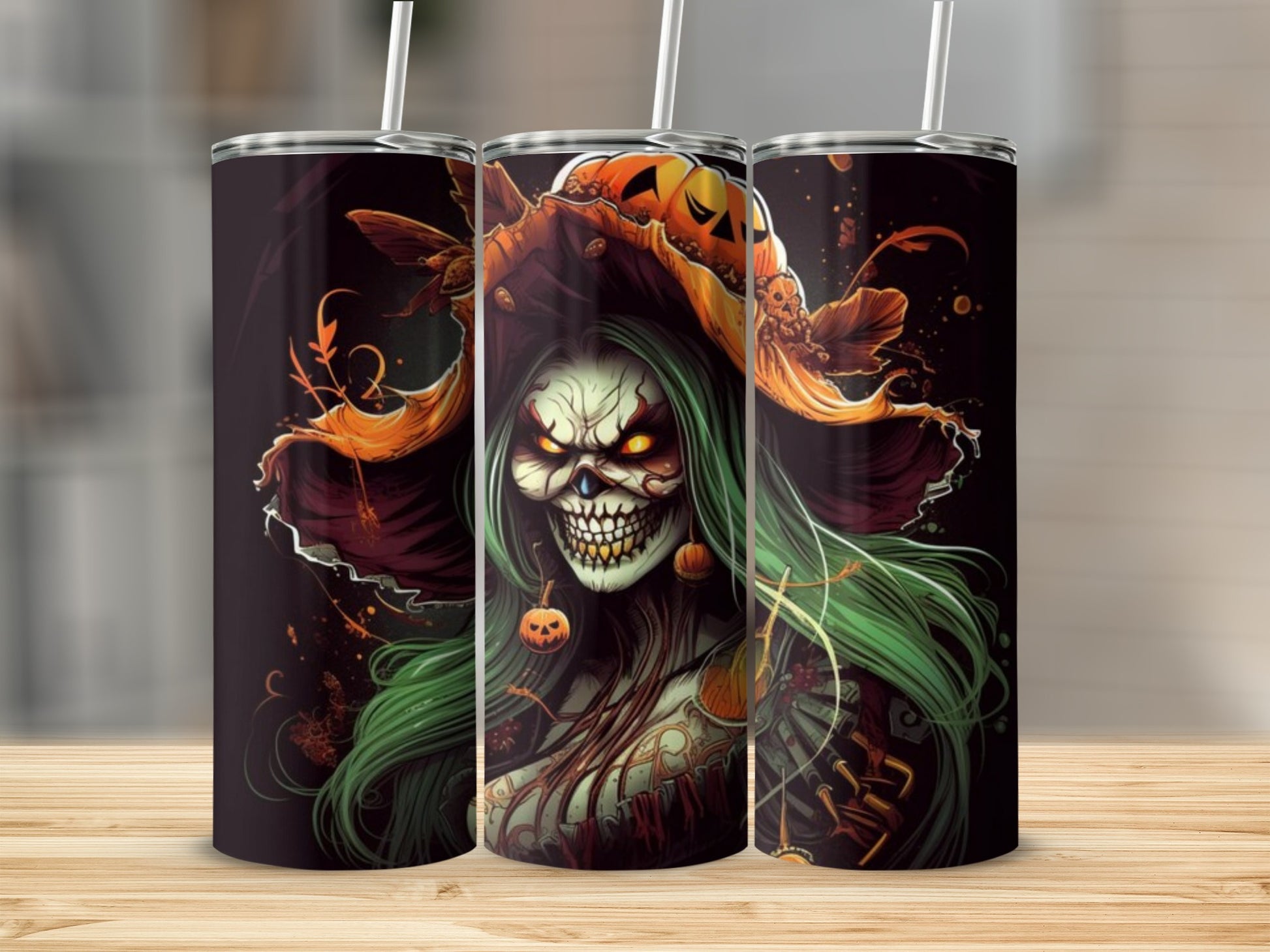 Three tumblers display a spooky Halloween graphic of a zombie-like figure wearing a pumpkin hat.