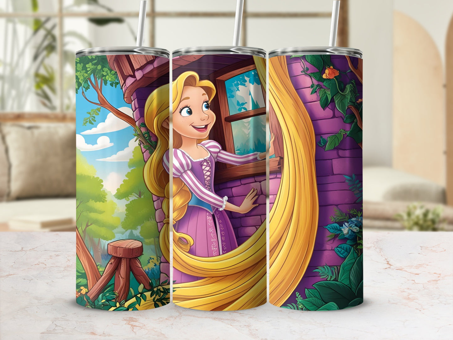 Rapunzel with long blonde hair peeking from tower window, colorful forest background.
