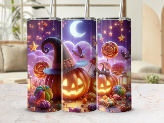 Halloween tumblers with jack-o'-lanterns, candy, stars, and a moon.