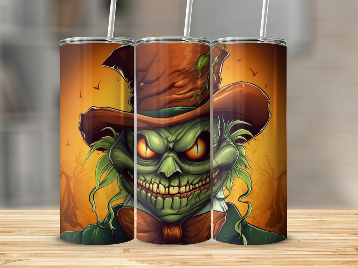 Green monster with a large hat and bow tie on tumblers.