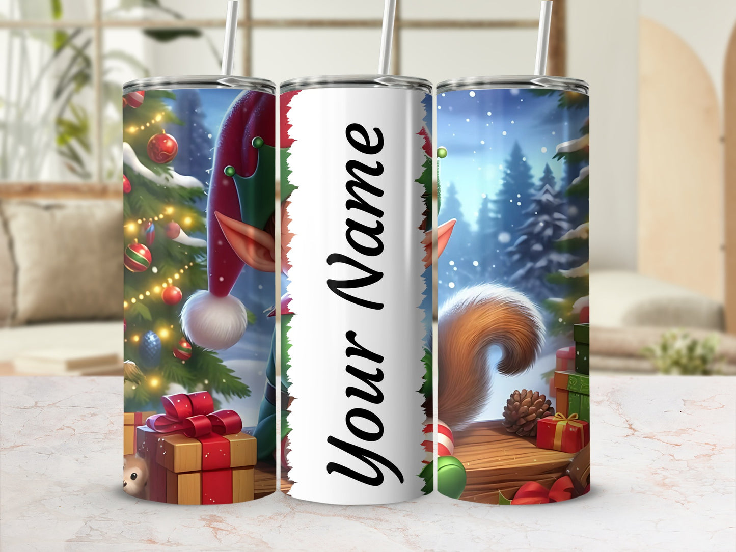Personalized Christmas Elf and Squirrel Tumbler