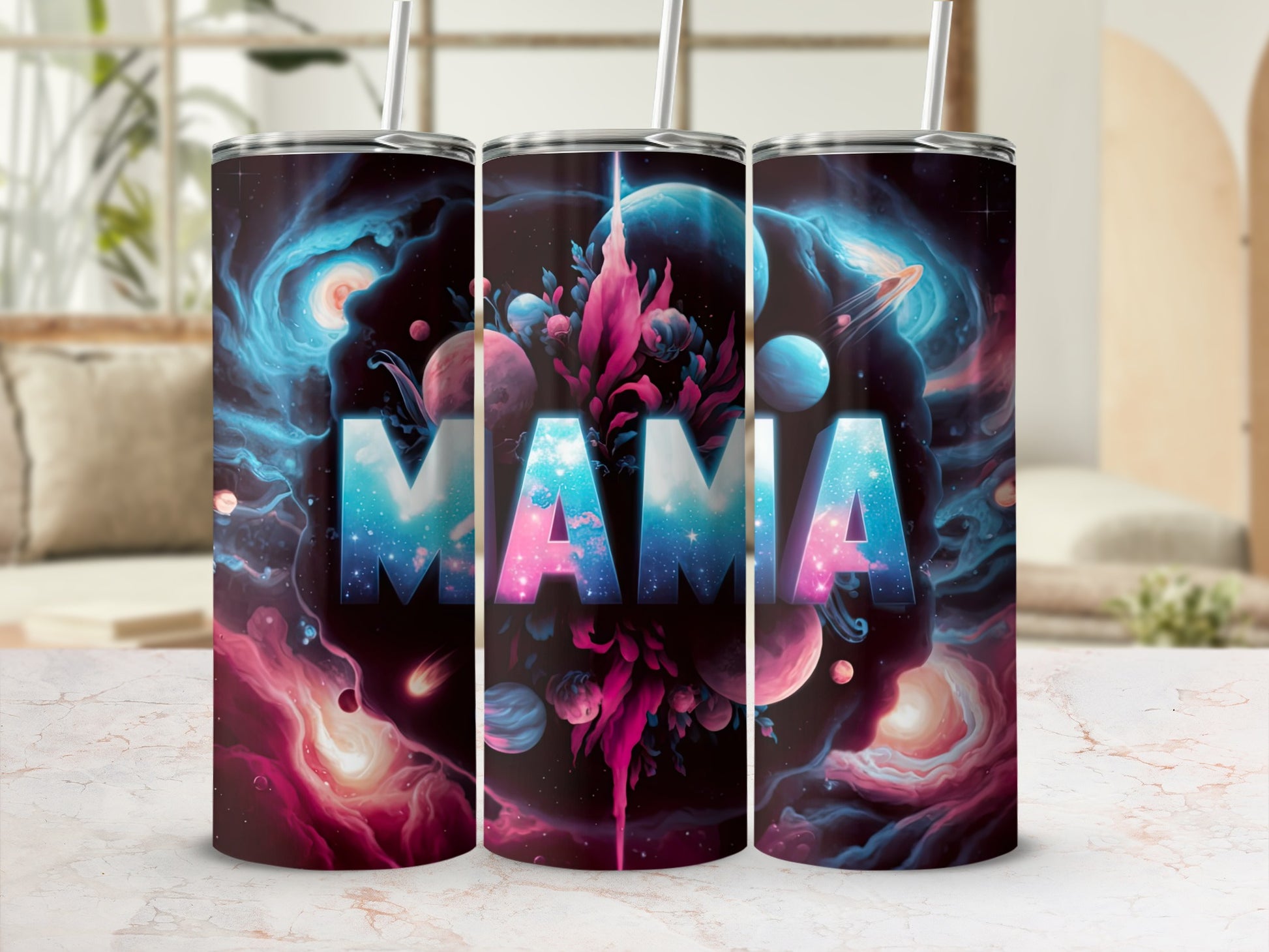 Cosmic Mama tumbler with planets and nebulae design.